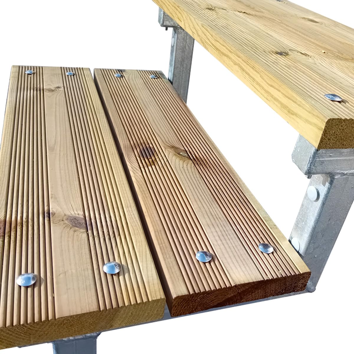 Escalera exterior de metal – 2 peldaños Altura 35 cm – Ancho 60 cm (Tipo C – Escalera de pino autoclave para escalera de metal exterior, 1 cara lisa y 1 cara ranurada)