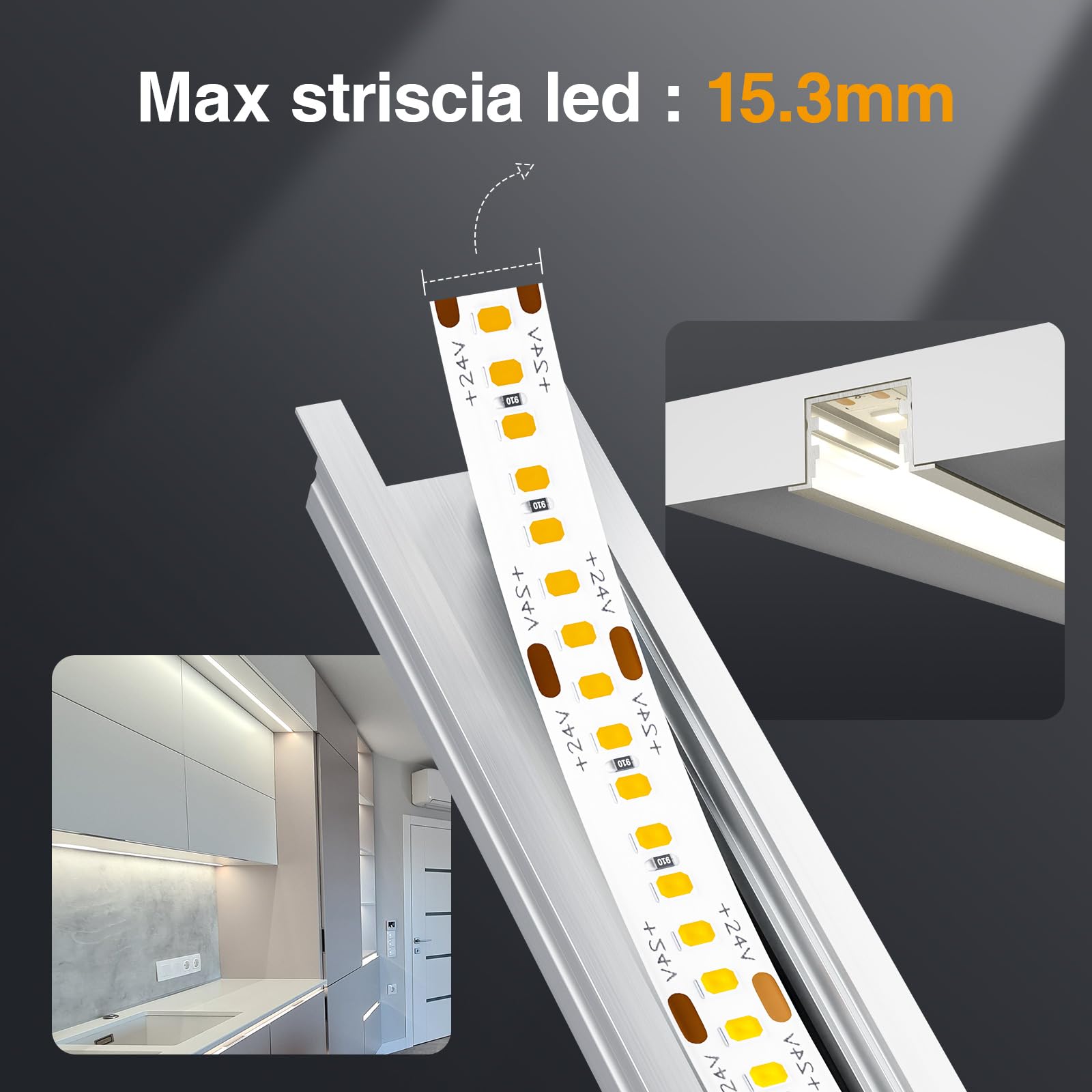 GEEKLUX Profilo in alluminio per nastro Led 2 m (Total 50 m) da incasso canali LED a forma di U Max strisce LED 15 mm, coperchio bianco crema PC diffusore LED metallo Mounting Clips - 2000 x 27,2 x 15