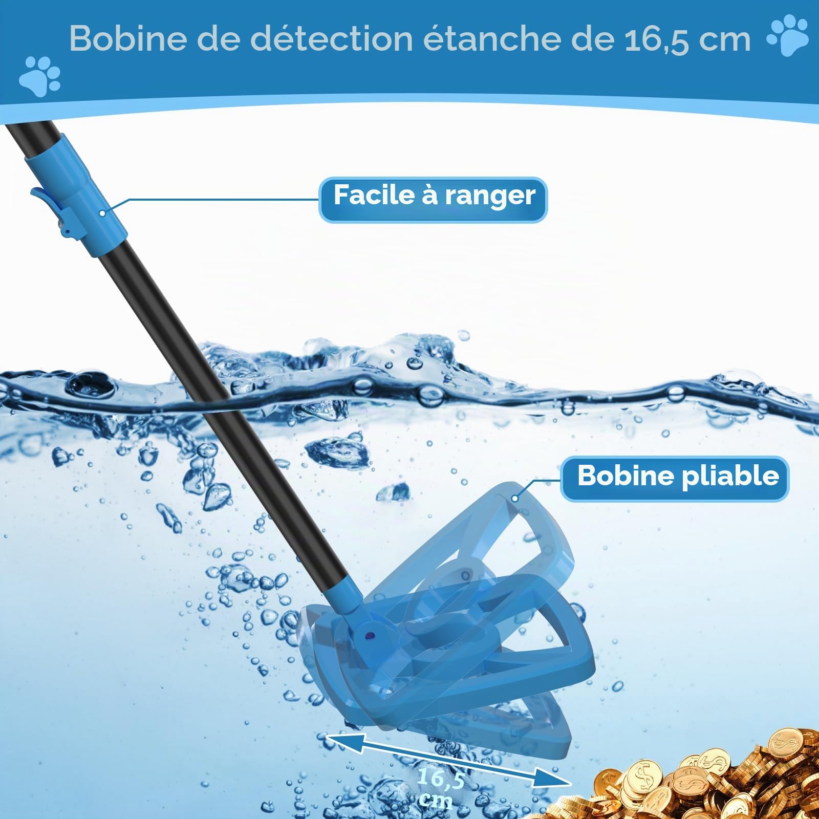 【Type-C】 OMMO Détecteur de Métaux Enfants, 72-100cm Réglable Détecteur de Métaux Rechargeable avec Écran LCD, Haute Sensibilité, IP67 Étanche pour Exploration en Plein Air, Recherche de Métaux (Bleu)