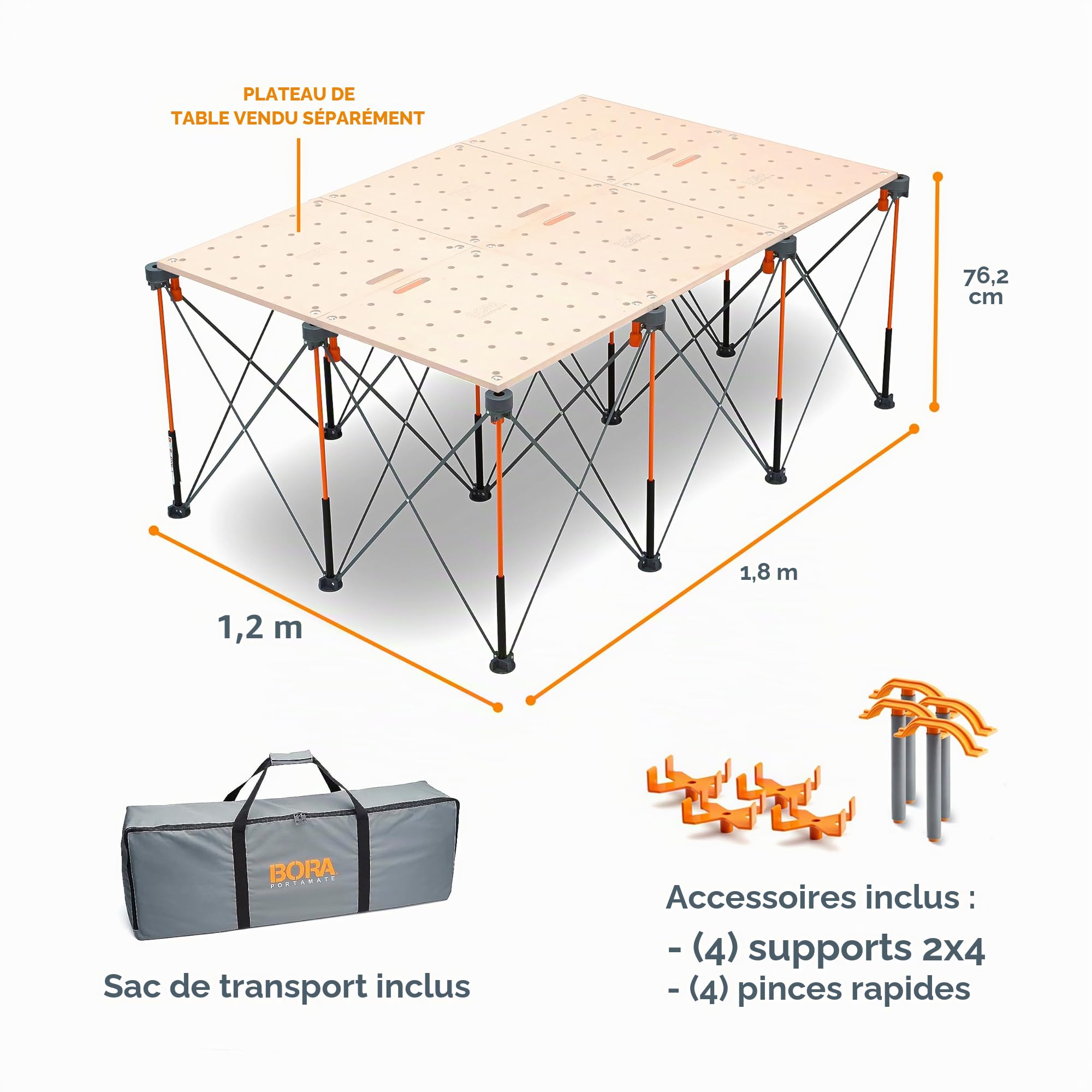 Bora Centipede CK12S Support de Travail Portable de 1,2 m x 1,8 m x 0,75 m Hauteur 76,2 cm Comprend 4 Tasses en X, 4 Pinces, Sac de Transport, capacité de 2041 kg