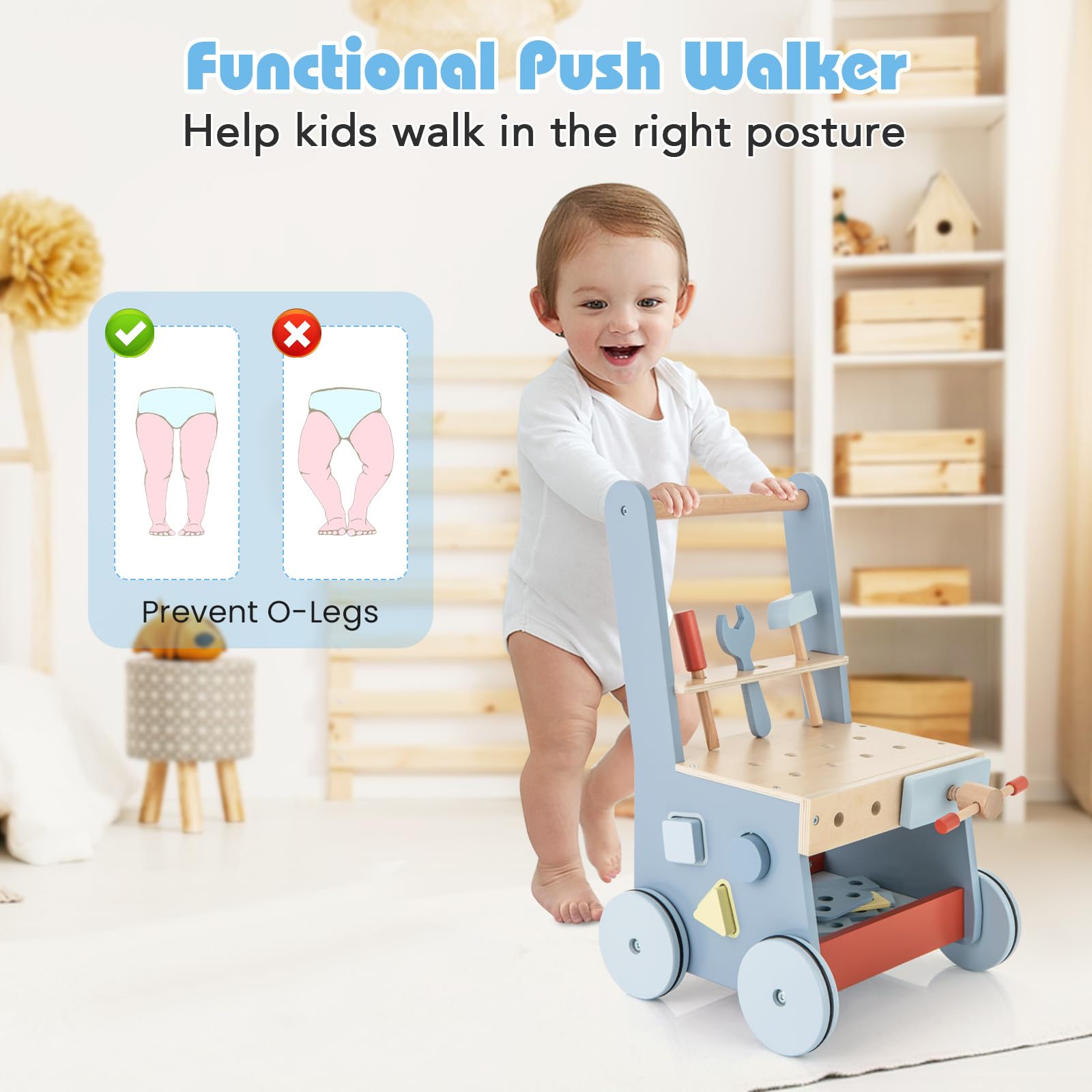 FANTASK Montessori, carrello 2 in 1, girello in legno, tavolo da lavoro per bambini a partire da 1 anno