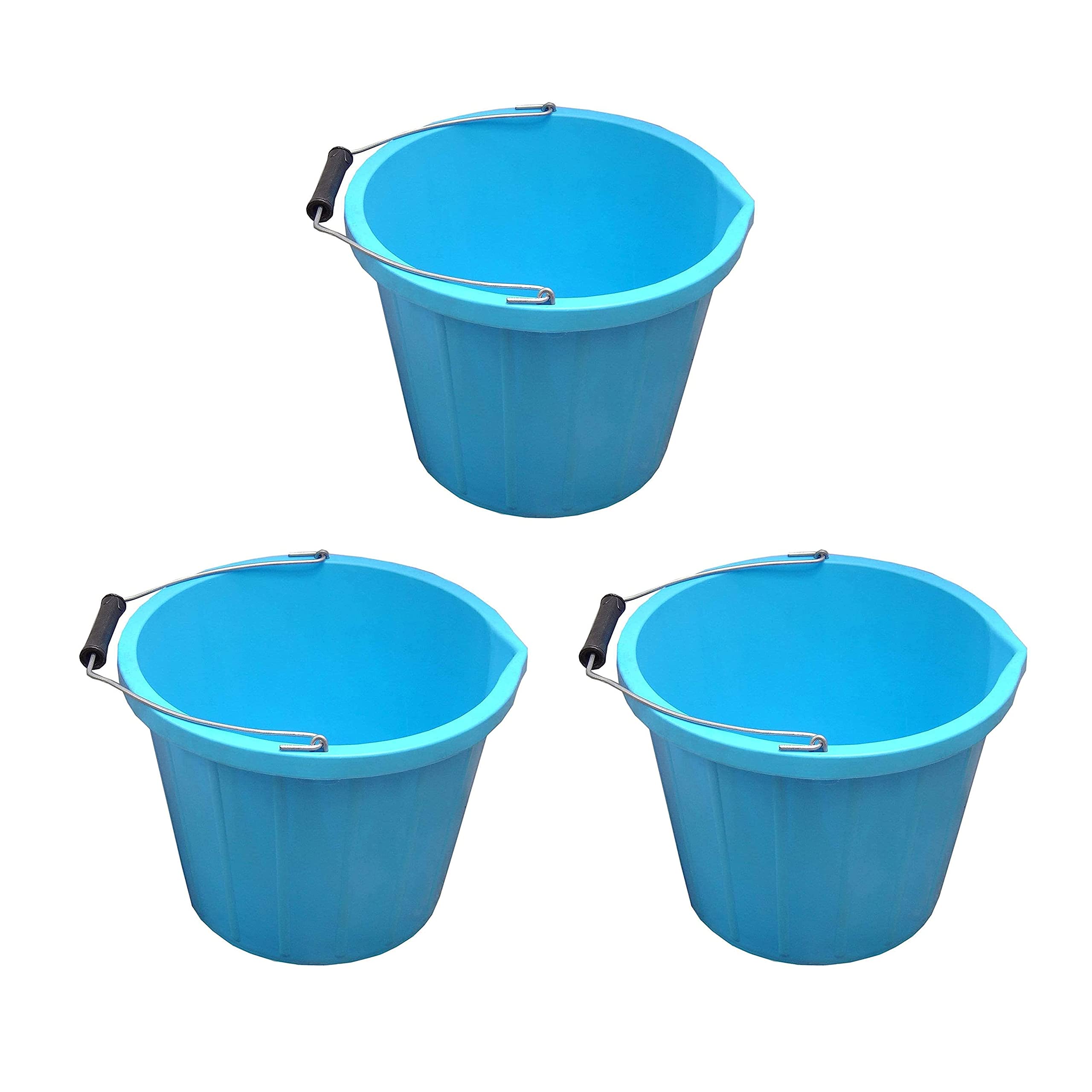 M1SS (Set of 3) Blue Plastic Builders Bucket 3 Gallon 14 Litre Water Mixing Storage Strong with Measuring Guide, Handle And Spout (Made in U.K)