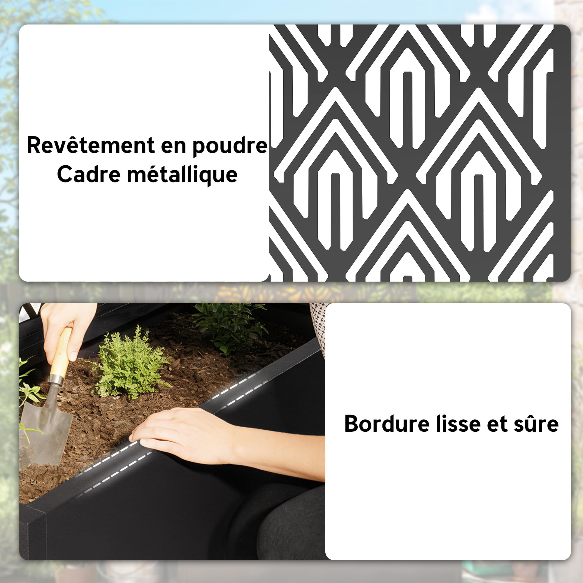 Outsunny Jardinière avec Treillis, bac à Fleurs, lit surélevé avec Brise-Vue, à Motif géométrique, pour Plantes grimpantes, légumes, Fleurs, métal, intérieur et extérieur, 45x21,5x110cm, Noir