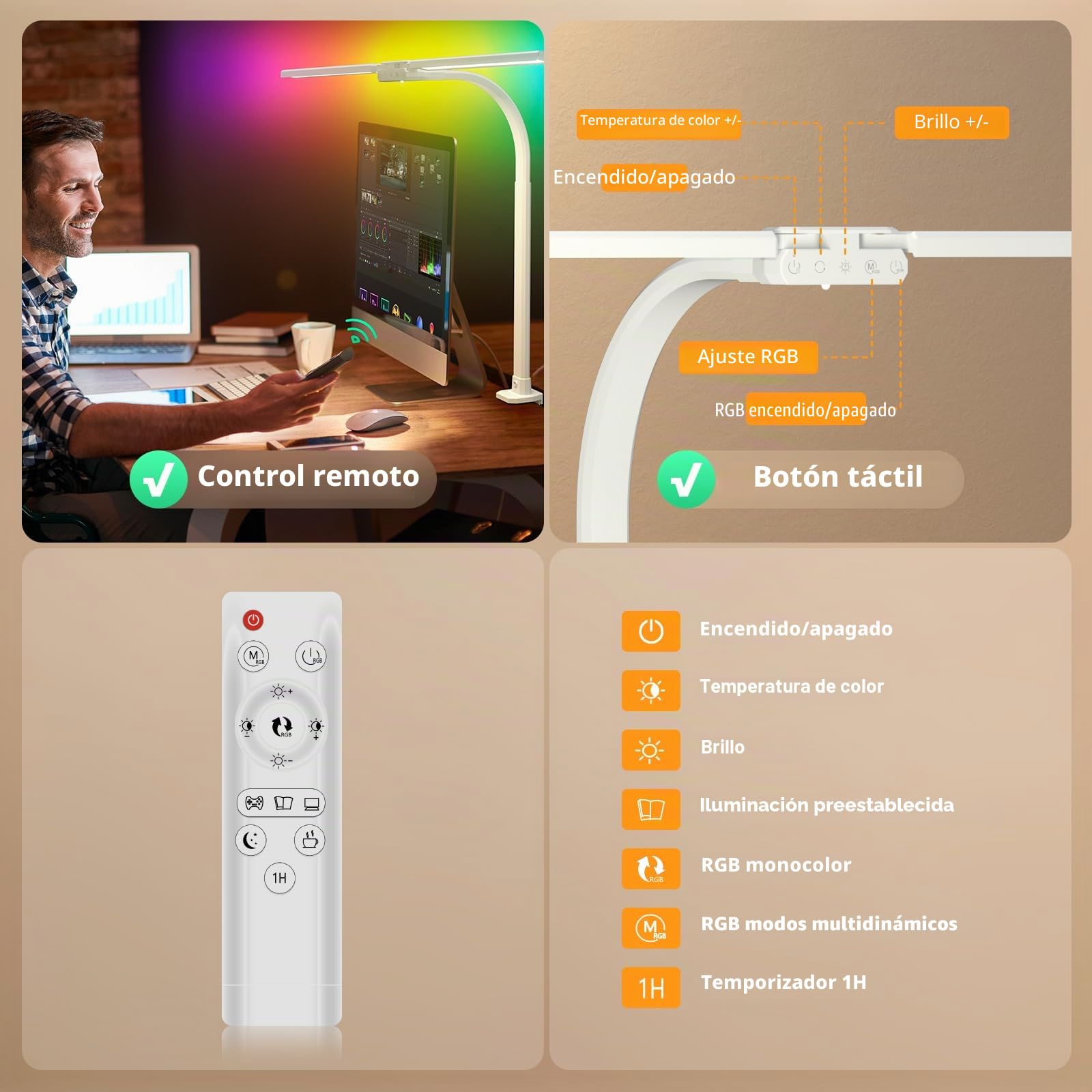 SIBRILLE Lámpara de escritorio RGB de doble cabeza LED regulable, 22 W 80 cm, lámpara de luz diurna con mando a distancia, lámpara de mesa giratoria, protección ocular, cuello de cisne
