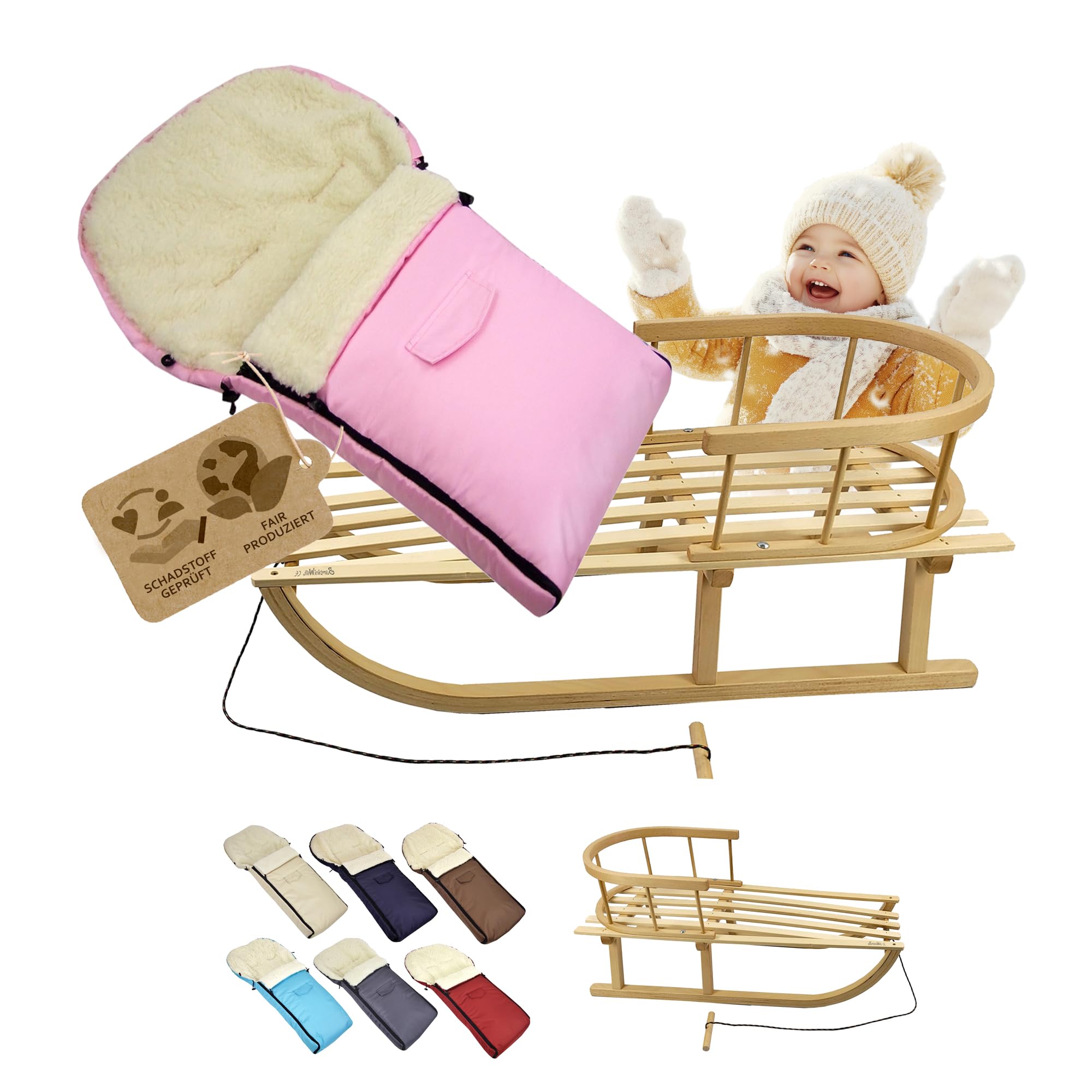 Trineo de madera con respaldo y cuerda de tracción + saco universal de invierno (90 cm), también adecuado para portabebés, cochecito, cochecito de bebé, de lana UNI (rosa)