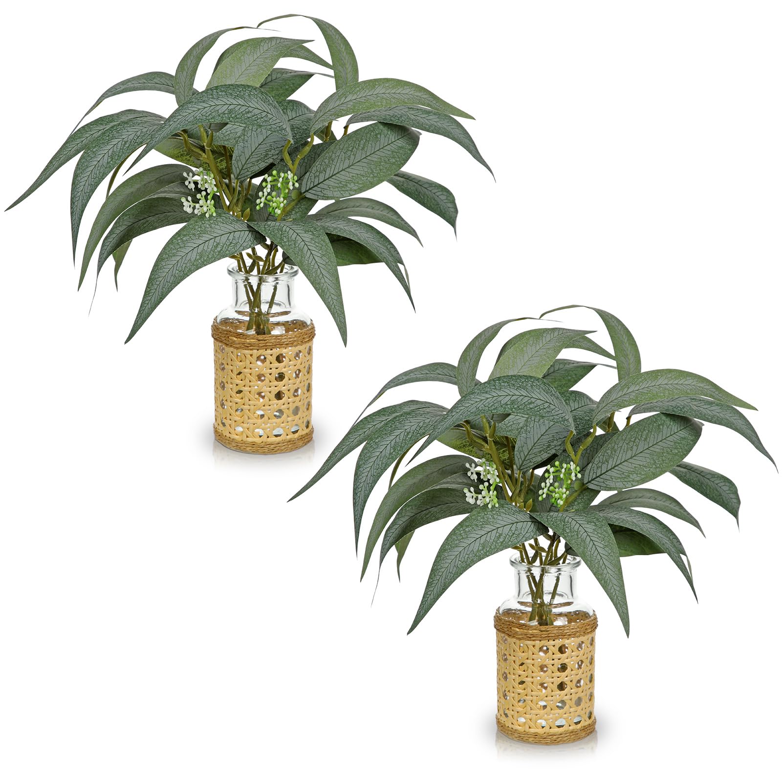 Lot de 2 tiges d'eucalyptus artificielles dans un vase en verre avec eau synthétique et panier tissé de 27,9 cm - Feuilles d'eucalyptus artificielles pour maison, bureau, ferme, chambre à coucher,
