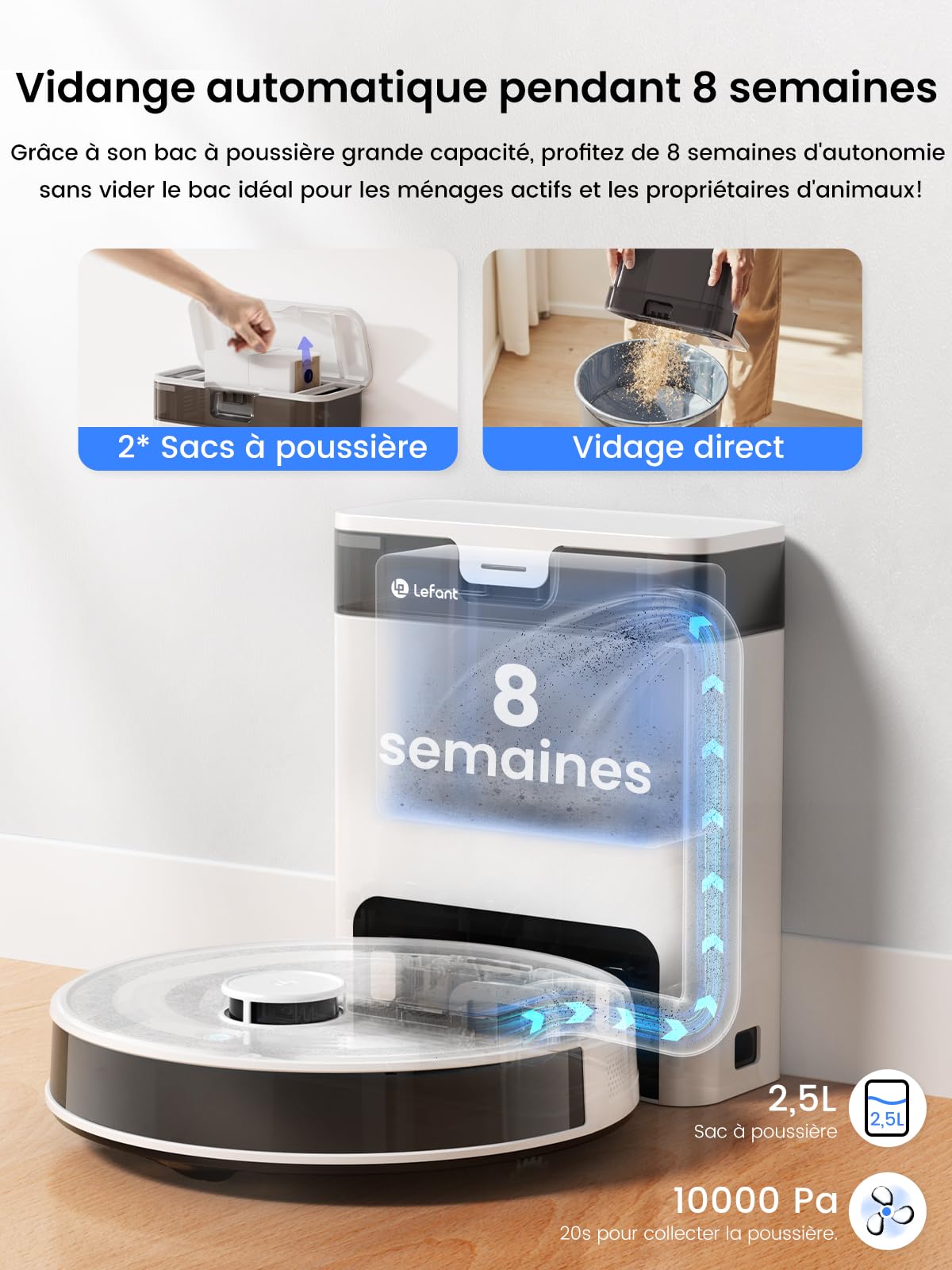 Lefant M2S Pro Robot Aspirateur Laveur 10000Pa avec Station Vidage Automatique Poussière,Navigation Laser avec Cartographie,Nettoyage Personnalisé, Évitement d'obstacles PSD,Idéal pour Poils d'animaux