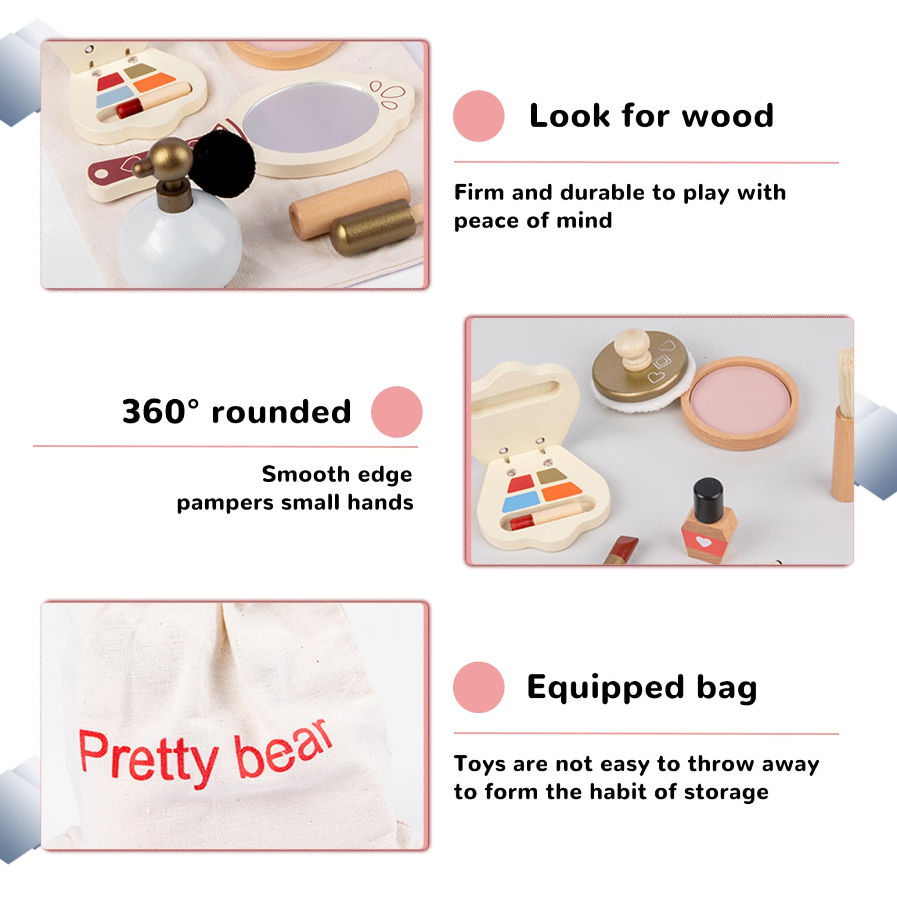 Set di giocattoli per il trucco in legno Kit per il trucco finto con ferro arricciacapelli, asciugacapelli, pettine, specchio, rossetto, mascara, profumo e altro Kit educativo per bambini per ragazze