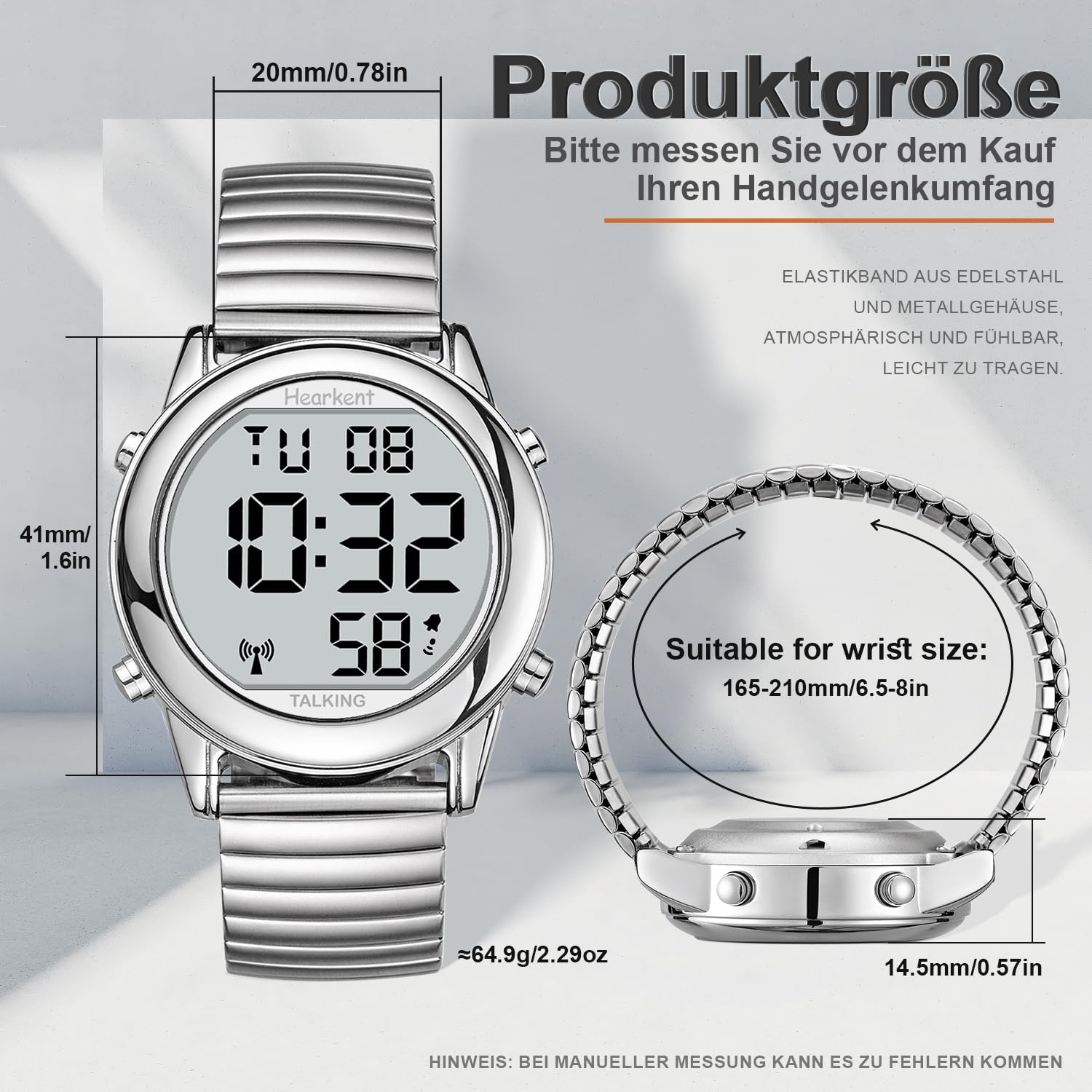 Hearkent Herren Sprechende Uhr Deutsch Ankündigung,Senioren Armbanduhr-2117 | Sehbehinderte Uhren Blindenuhr,Große Digitale Funkuhr,Durchdachte Geschenke