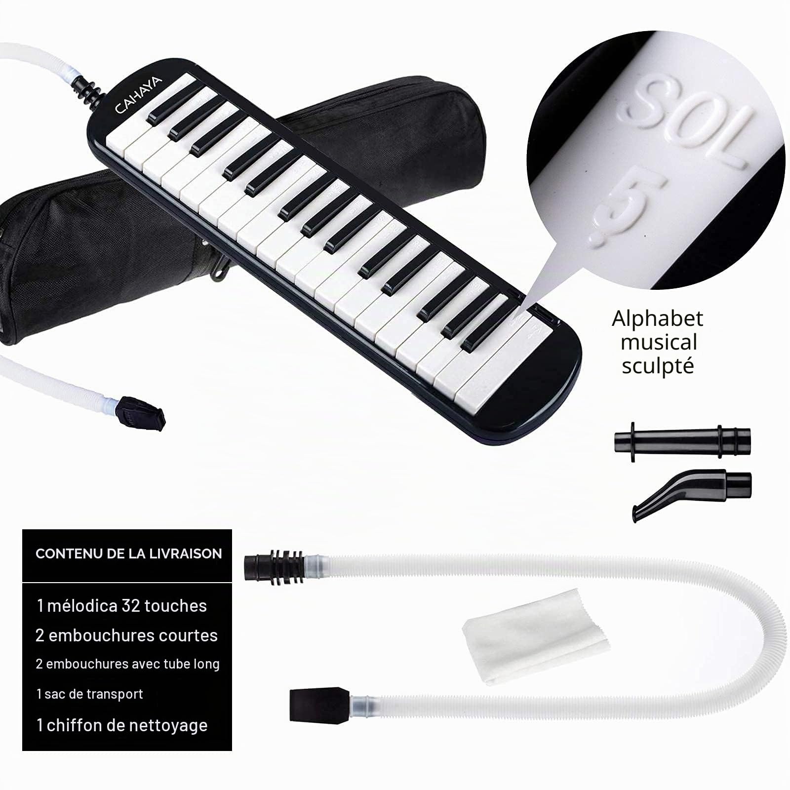 CAHAYA Mélodica 32 Touches avec Etui et Embout Flexible en plastique pour Enfants, Amateur de Musique, Noir CY0050-1