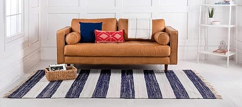 Miniatura 3 de Unique Loom Chindi Rag Collection - Alfombra a rayas (4 pies 1 pulgada x 6 pies 1 pulgada, rectangular, azul marinomarfil)