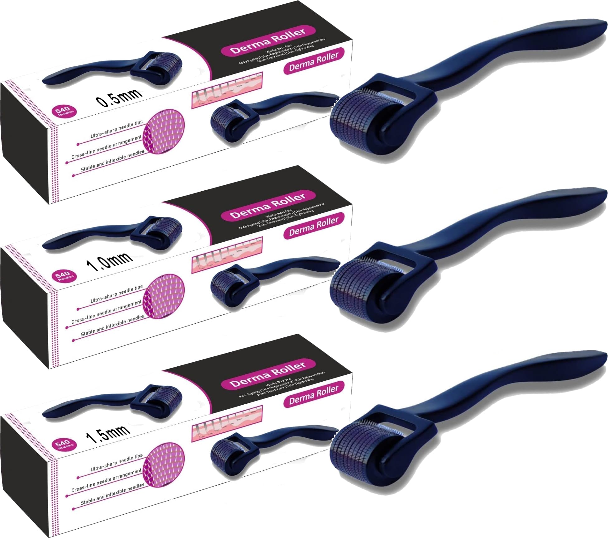 3 Pack Derma Roller Microneedle Roller For Face & Scalp - 0.5, 1.0 & 1.5mm - Men & Women - Skin Care & Hair Growth