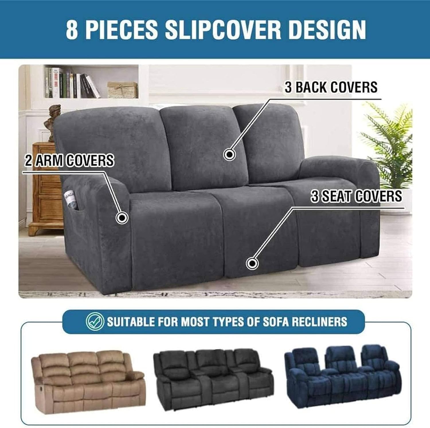 Funda for sillón reclinable Relax de Terciopelo elástico de 1 Plaza, 4 Piezas con Bolsillos Funda for sillón eléctrico reclinable Relax(Grigio,3 posti)
