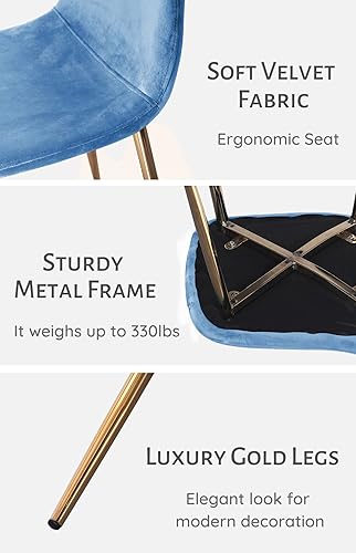 Miniatura 4 de Juego de 4 sillas de comedor azules, modernas sillas de cocina Midcentury con patas cromadas doradas, altura de asiento tapizadas de terciopelo de