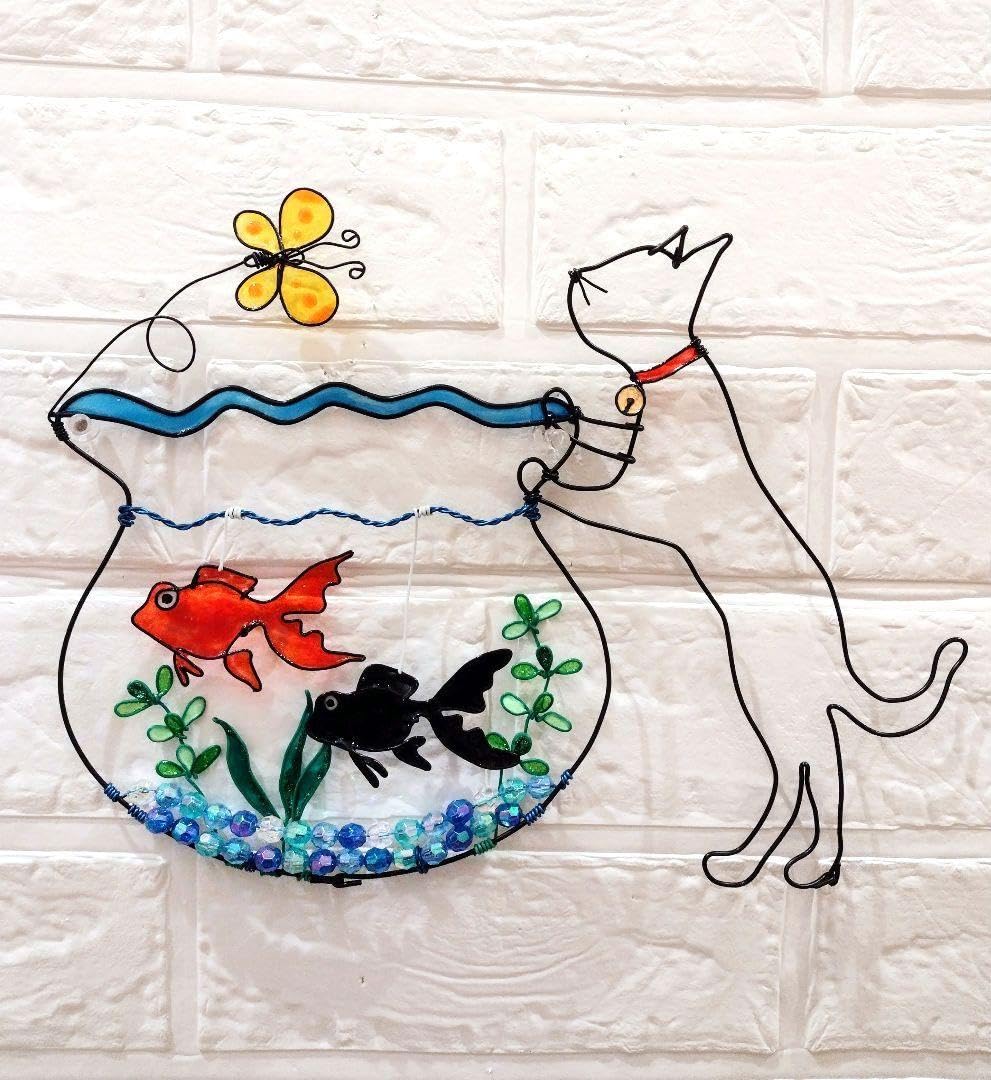 Amazon.co.jp: ワイヤークラフト 金魚と猫ちゃんと蝶々 壁掛け 壁飾り 