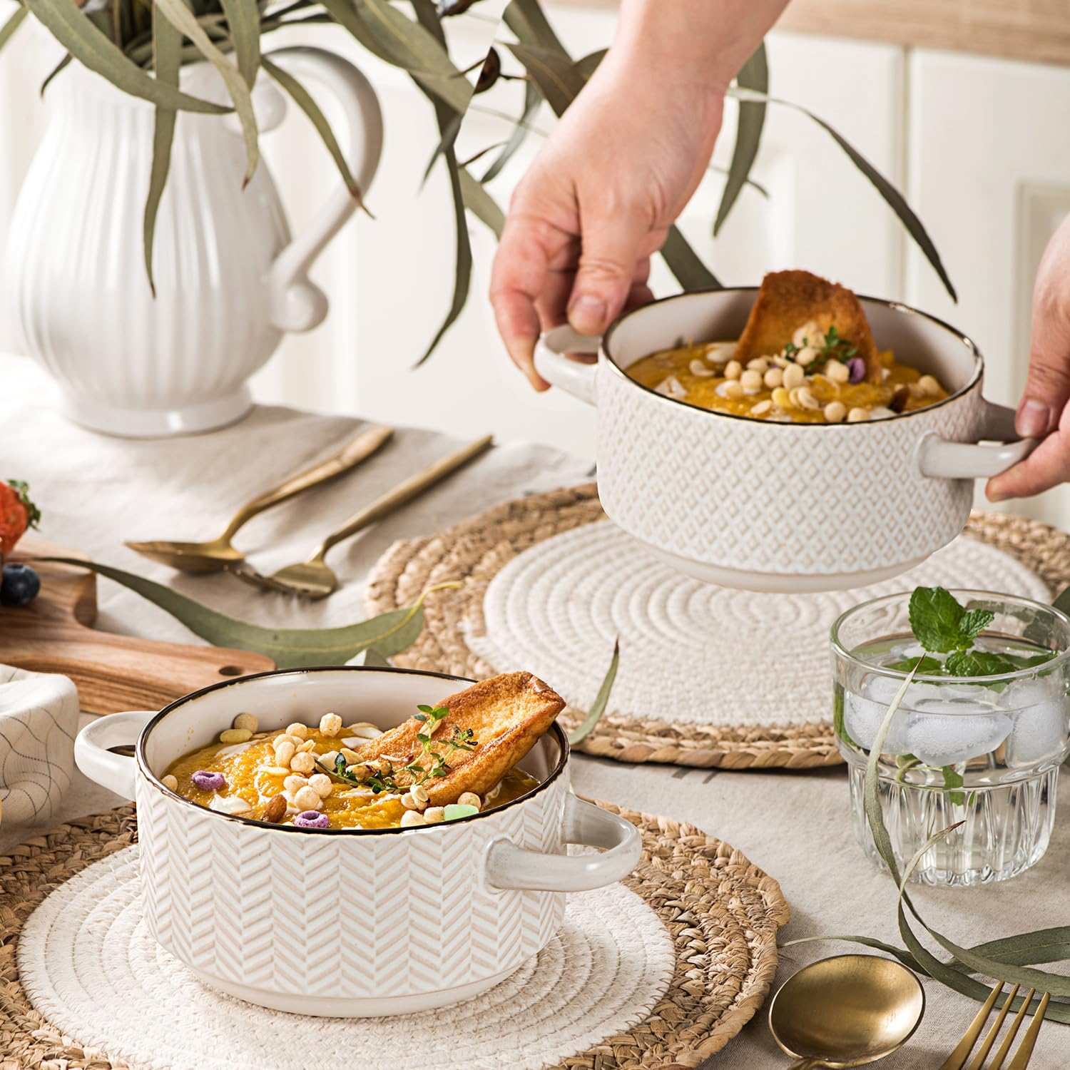 Ceramic Soup Bowls Set - 27 Oz French Onion Soup Crocks with Handles - Embossed Stoneware Bowls for Soup Cereal Beef Stew Chili - Microwave Dishwasher Oven Safe - Set of 4