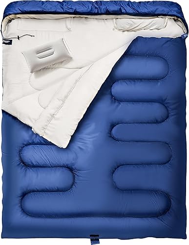 Saco de dormir doble con almohada para adultos, 3 estaciones, tamaño Queen, saco de dormir para dos personas, saco de dormir para clima frío,