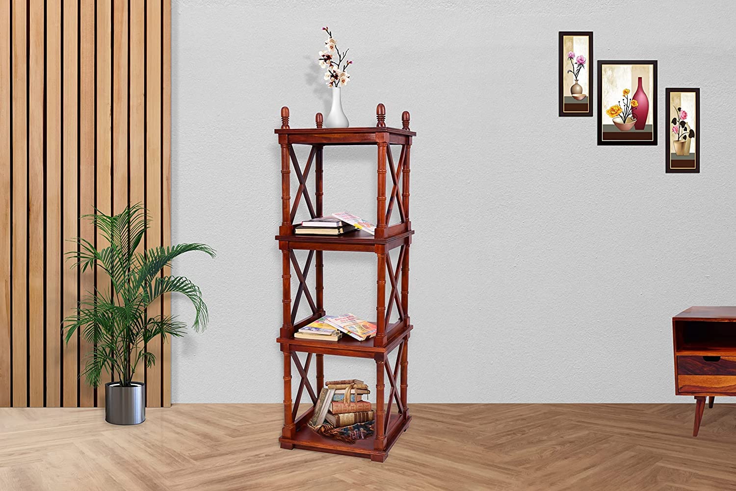 FOREVER FURNITURE Sheesham Wood Open Book Shelf with 4 Shelf Solid