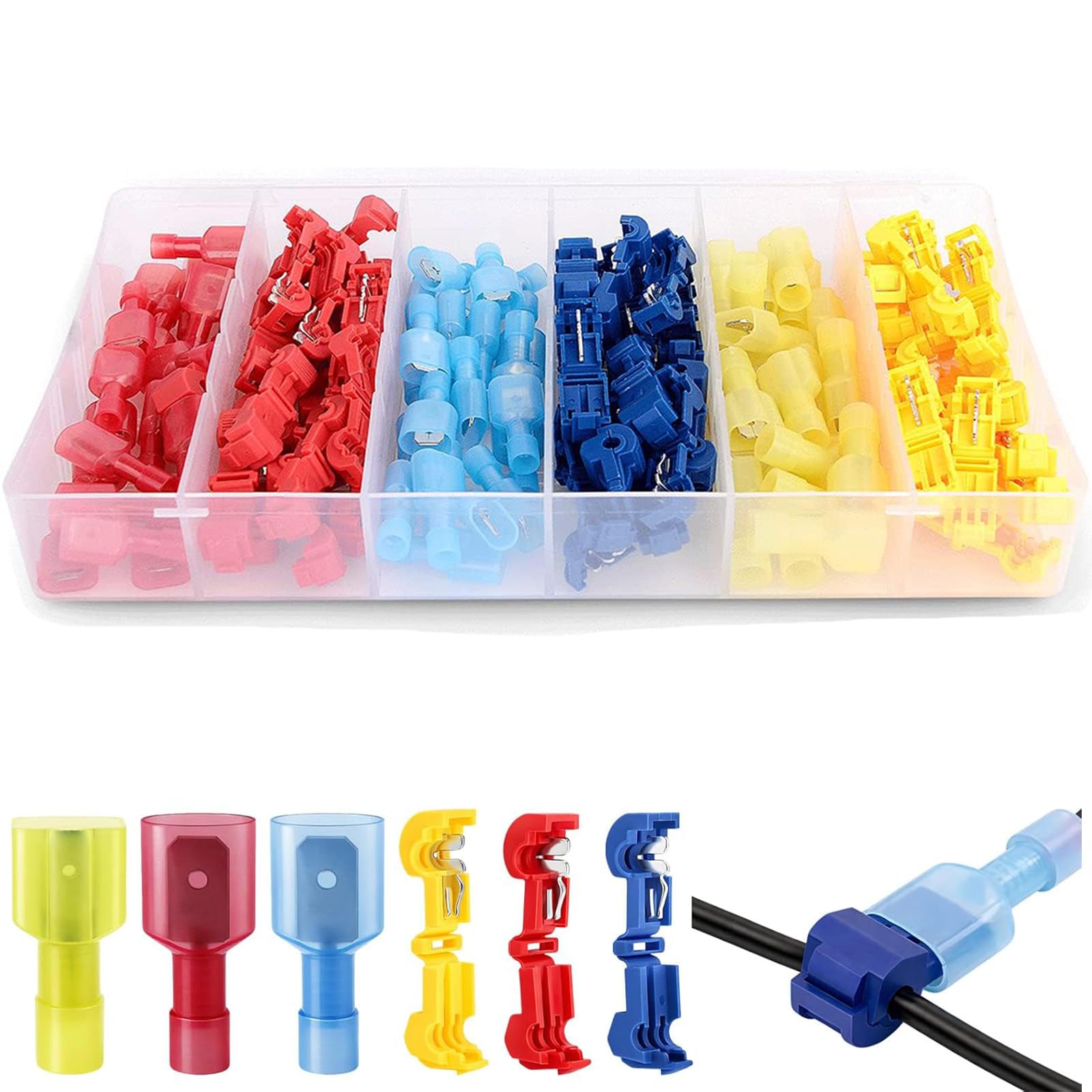 120Pcs T-Tap Wire Connectors Kit, Self-Stripping Quick Splice Electric Wire Connector Set with Male Quick Disconnect Spade Terminals for Automotive Wire Tap and Home Wiring-image-5