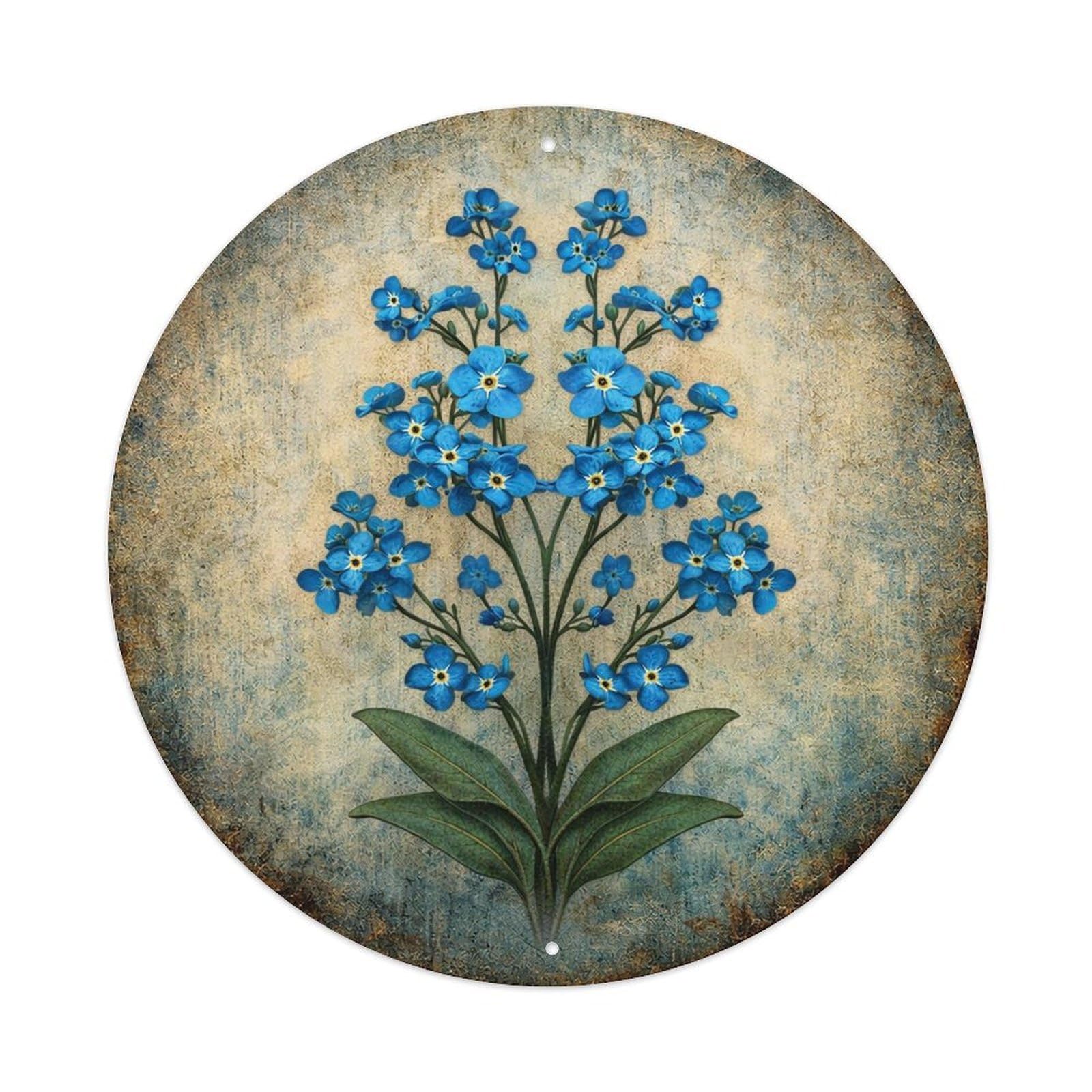 Blue Flowers On Vintage Background Round Tin Sign Vintage Metal Sign Home Bar Garden Indoor & Outdoor Wall Decor Retro Metal Poster 8x8 Inch