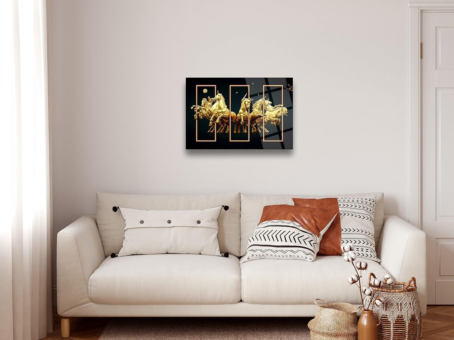 Glass Wall Art, Animal Gold Horses Themed Wall Decor, Home Living Room Entryway Bedroom Decoration, Vivid Color, UV Printed Durable and Tempered Glass with Size Options ((45x65cm) 18x26 Inches)