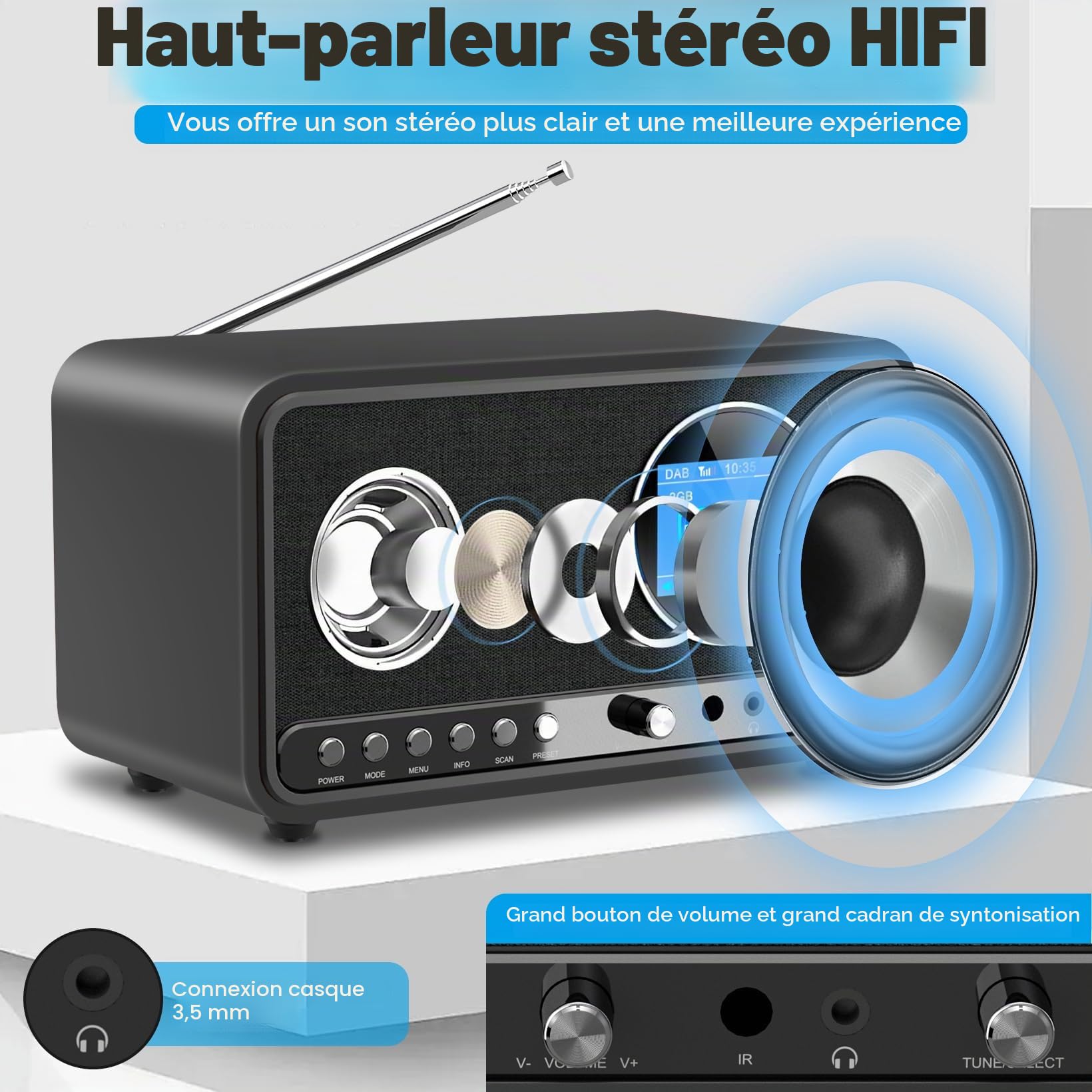 Wholede Radio DAB+/FM avec Bluetooth, radio numérique DAB Plus, radio de cuisine, radio-réveil, avec minuterie de mise en veille, alarme Snooze, USB/Aux-In, noir
