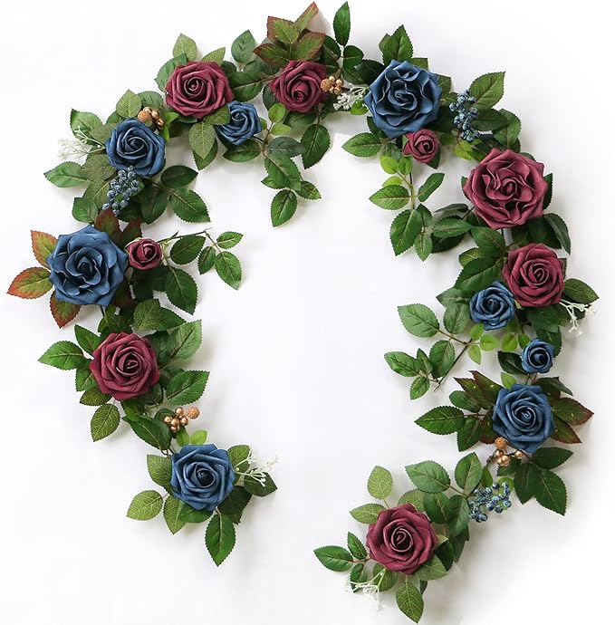 PONATIA 5FT Handcrafted Artificial Rose Flower Garland, Burgundy Flower