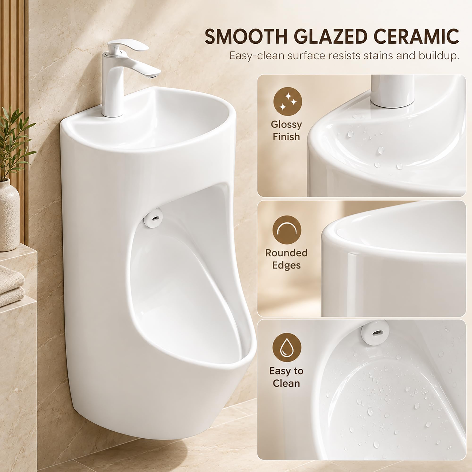 Urinario de Pared para Hombre con Lavabo y Grifo, Diseño Antisalpicaduras