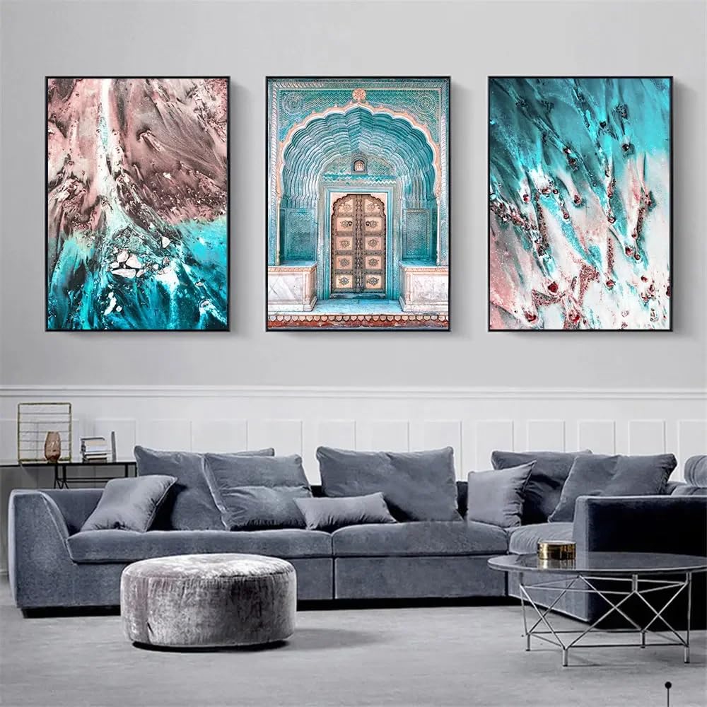 SOBMQ Art Decor-Blue Sea Landscape and Door Wall Canvas Painting Abstract Poster Print Art Picture For Living Room Bedroom Home Decoration-40 * 50cm-3PCS (No Frame)