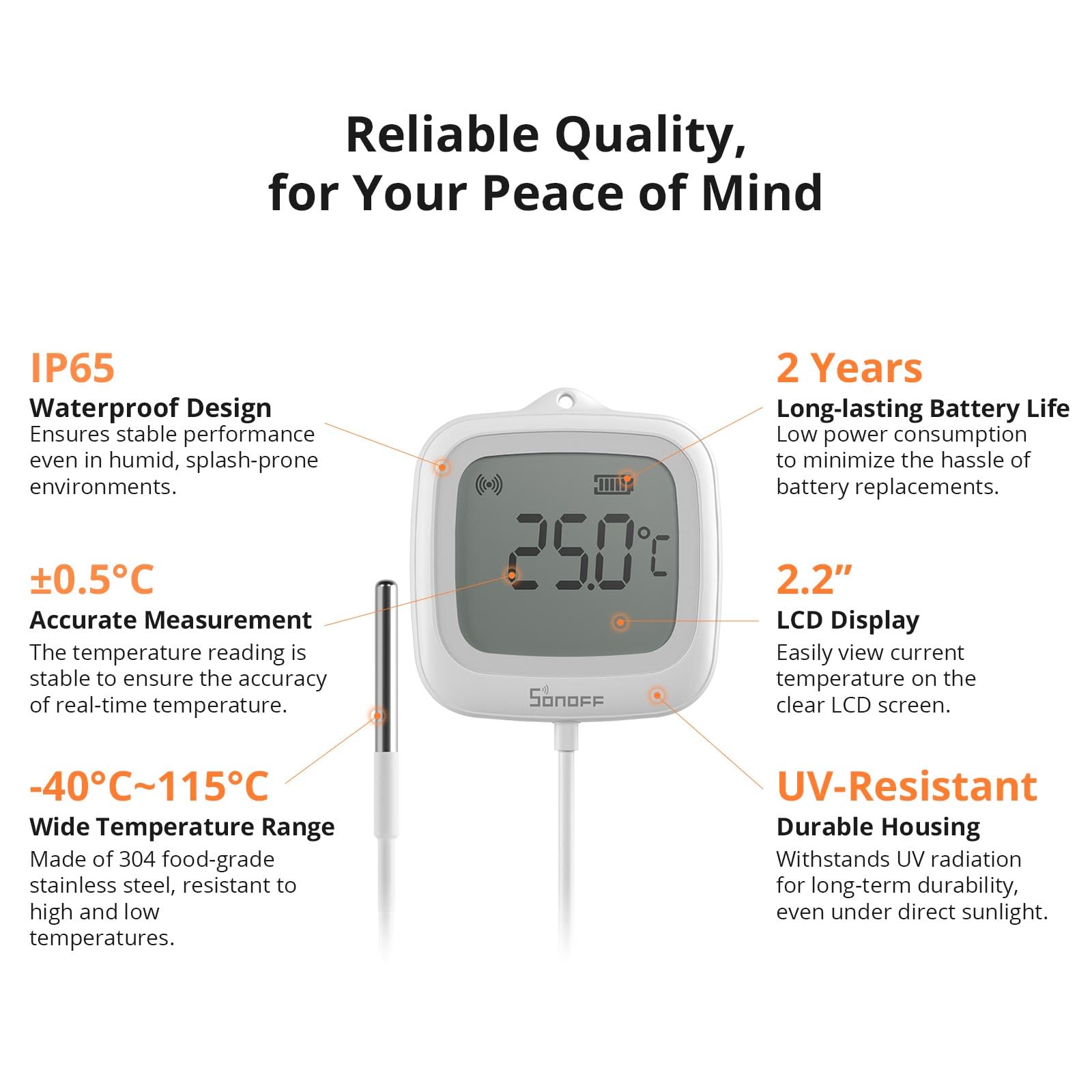 SONOFF SNZB-02LD Sensore di Temperatura Impermeabile Zigbee - Sonda in Acciaio Inossidabile 1,5 m, Display LCD, Intervallo -40~115°C, Monitoraggio APP, Supporto Magnetico, Compatibile con Hub Zigbee