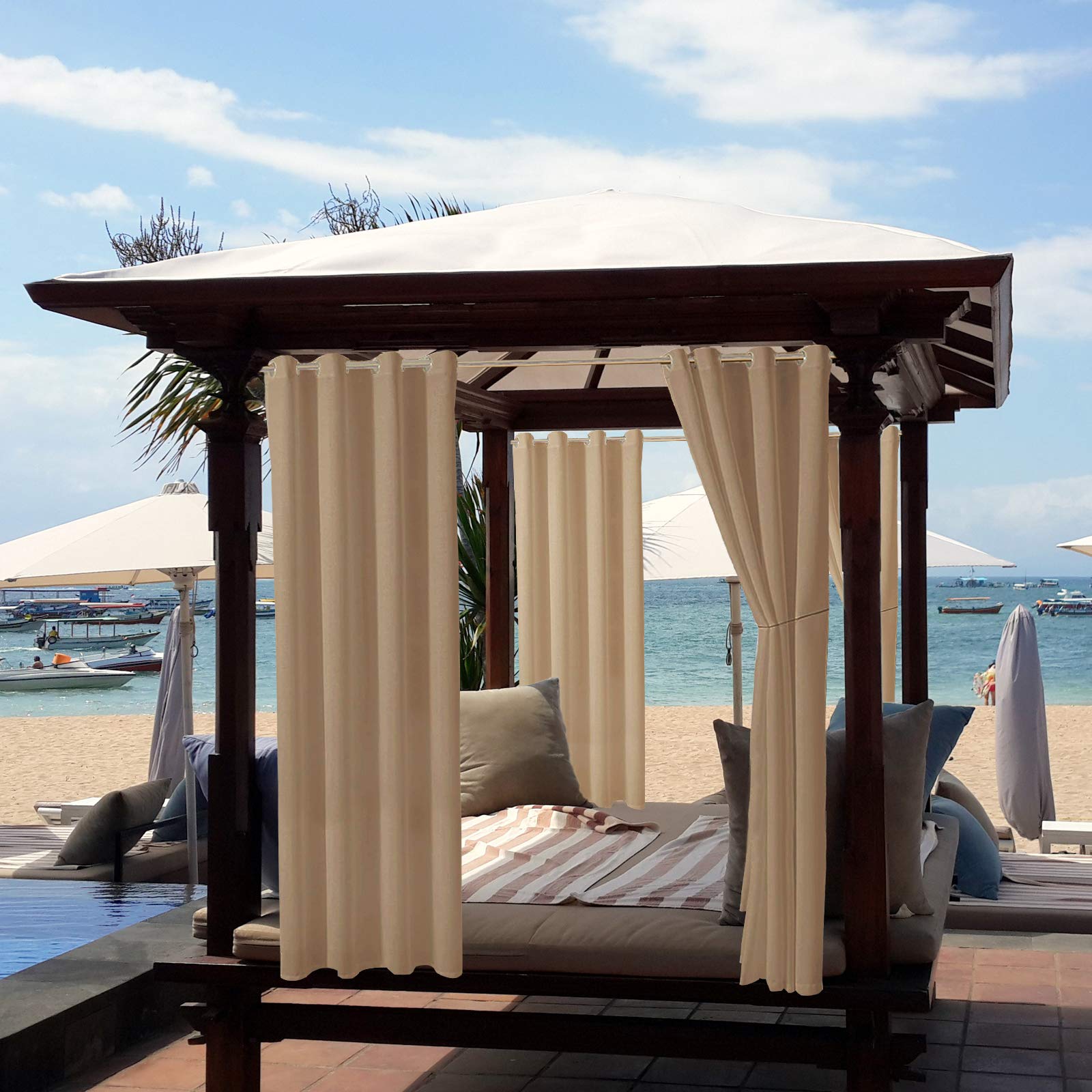 ele ELEOPTION Outdoor Vorhang Wetterfest, Outdoor Vorhänge mit Ösen Blickdicht Vorhang Sichtschutz und Sonnenschutz, Outdoor Gardinen für Terrasse Balkon Garten Hof (2 Stücke/ 132 X 213cm, Beige 1)