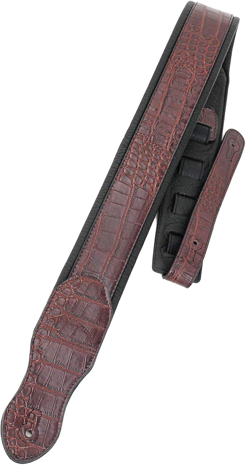 Walker & Williams F-06 Handmade Mahogany Brown Textured Alligator Pattern Padded Guitar Strap For Acoustic, Electric, And Bass Guitars
