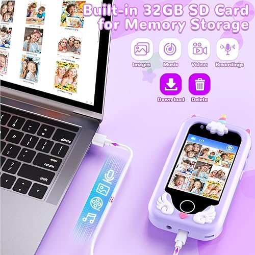 Miniatura 7 de Lapare Juguete de teléfono inteligente para niños para niñas, pantalla táctil de 2.8 pulgadas con doble cámara, juego, reproductor de música,