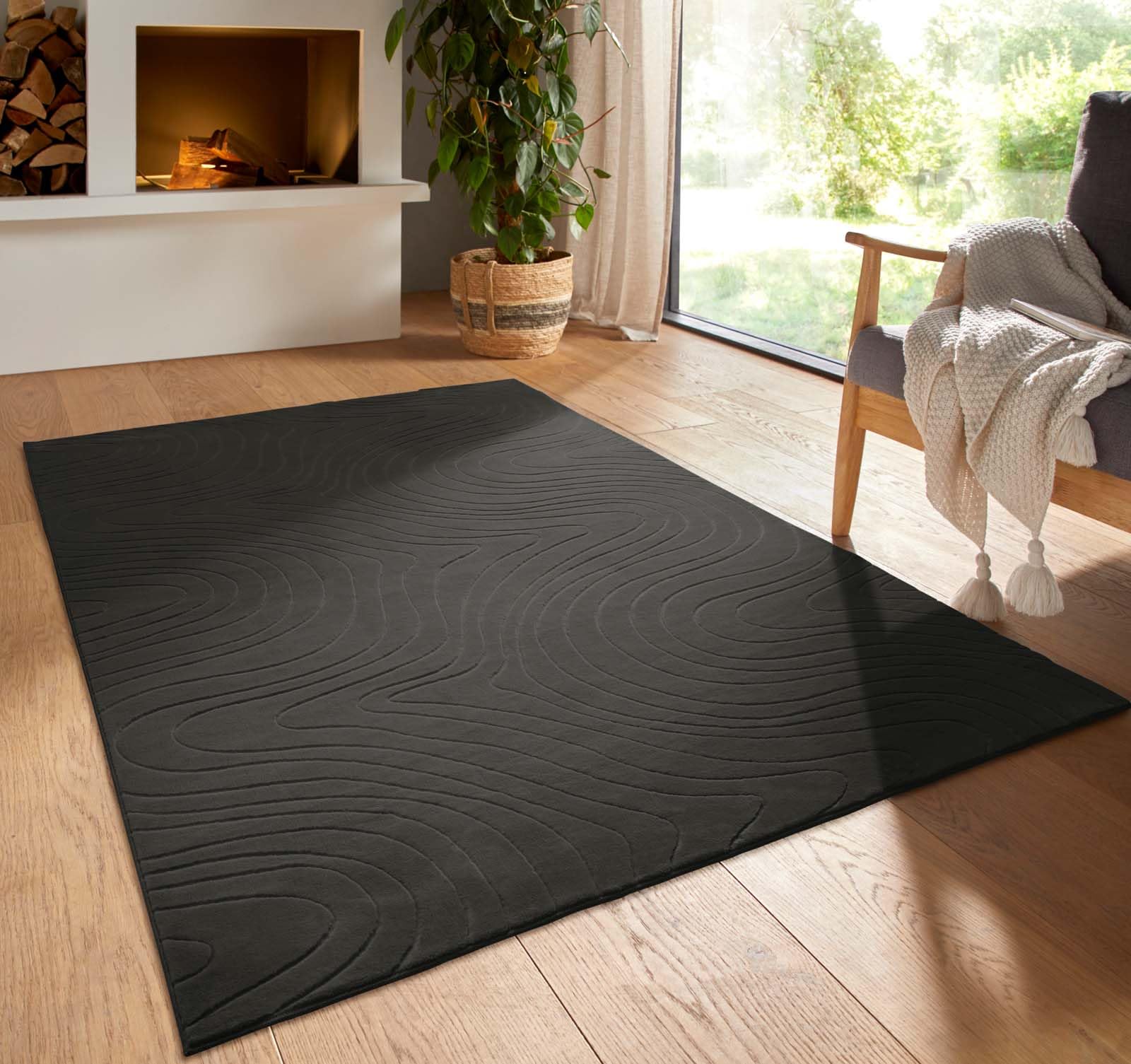 Kurzflor Boho Vintage Teppich waschbar, pflegeleicht geeignet für Wohnzimmer, Schlafzimmer und Kinderzimmer Kinderteppich auch als Badematte Badzimmerteppich Anthrazit abstrakte Wellen 050x080 cm