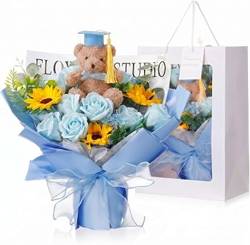 Suncalla Class of 2026 Graduation Bear Bouquet Scented Soap Rose and Sunflower Bouquet with Mini Plush Grad Bear Graduation Gifts for Graduate, Friend or Classmate