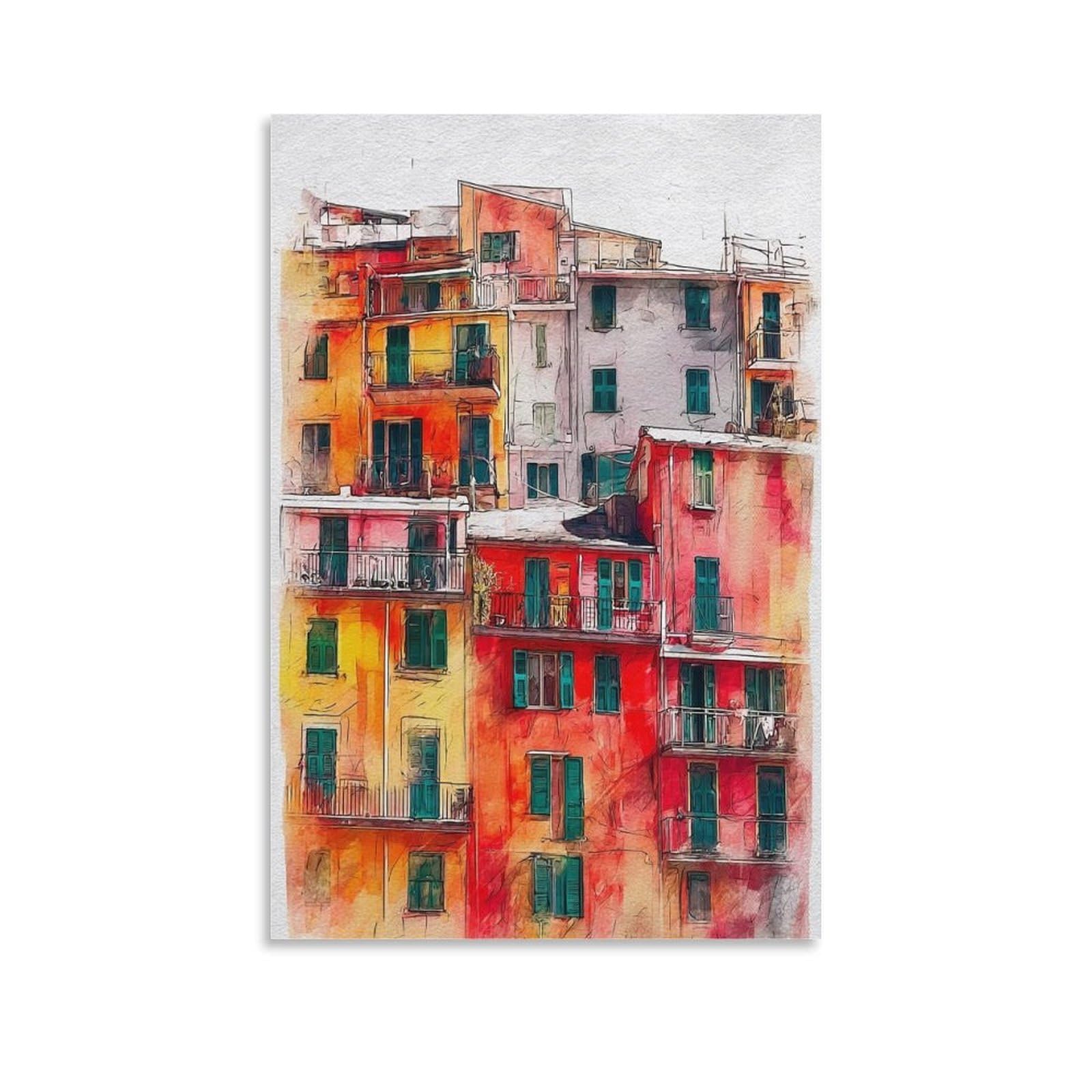 Lcynnh Unframe-Style Manarola Italy 08X12inch(20X30cm) Vintage Travel Poster Watercolor Canvas Art