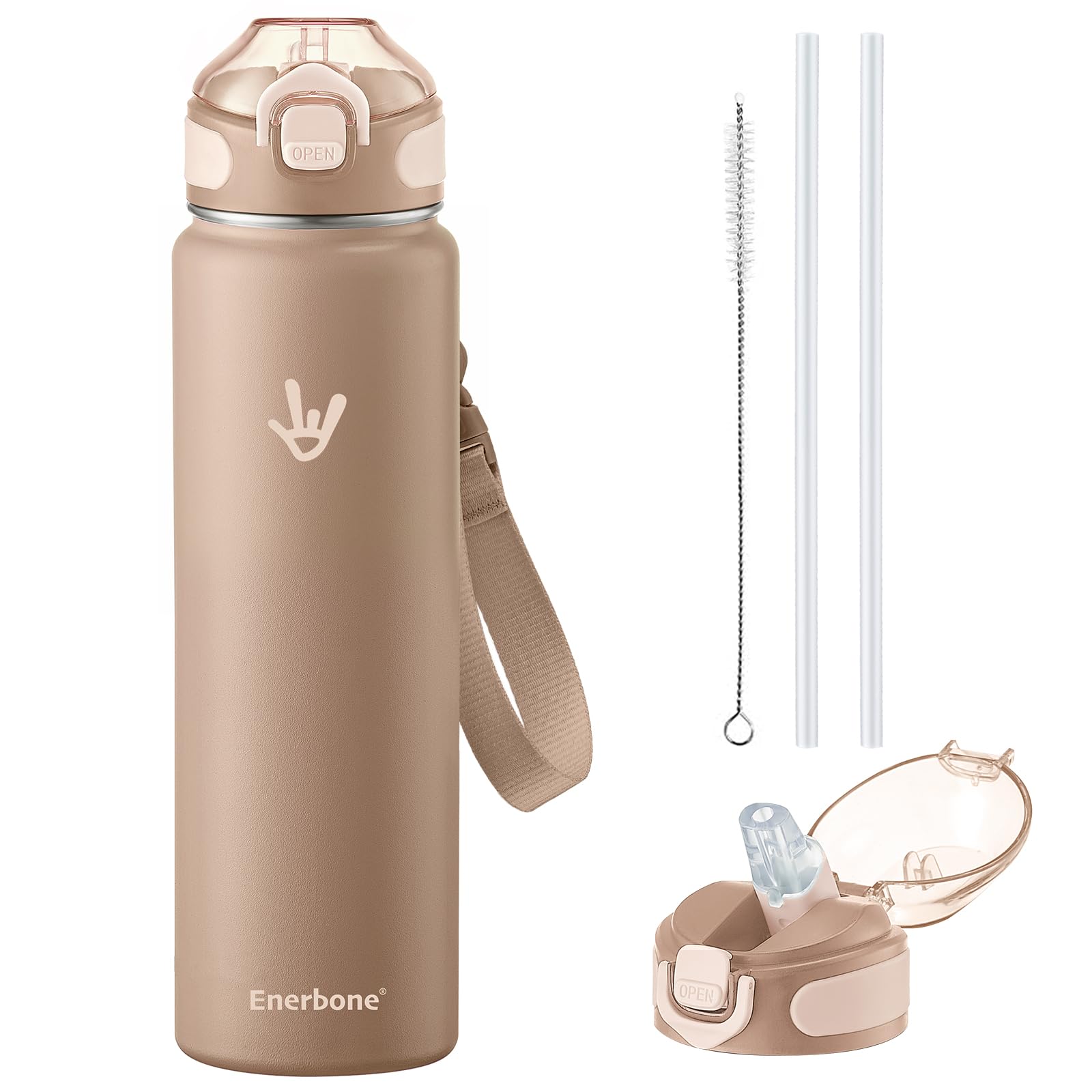 Enerbone 32 oz Insulated Water Bottle, Stainless Steel Bottle with Carrying Strap, Double-Wall Vacuum Insulation Design, Leakproof Sports Bottle with