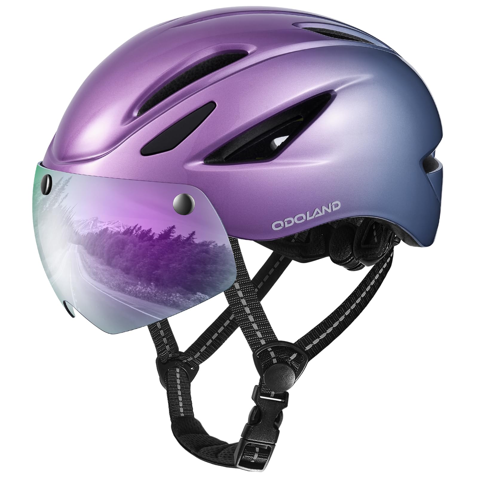 Odoland Bike Helmet - Adult Bicycle Helmet with Detachable Magnetic Goggles Visor - Mountain Road Cycling Certified Lightweight Helmet Adjustable for Men Women Purple Blue โ image 1