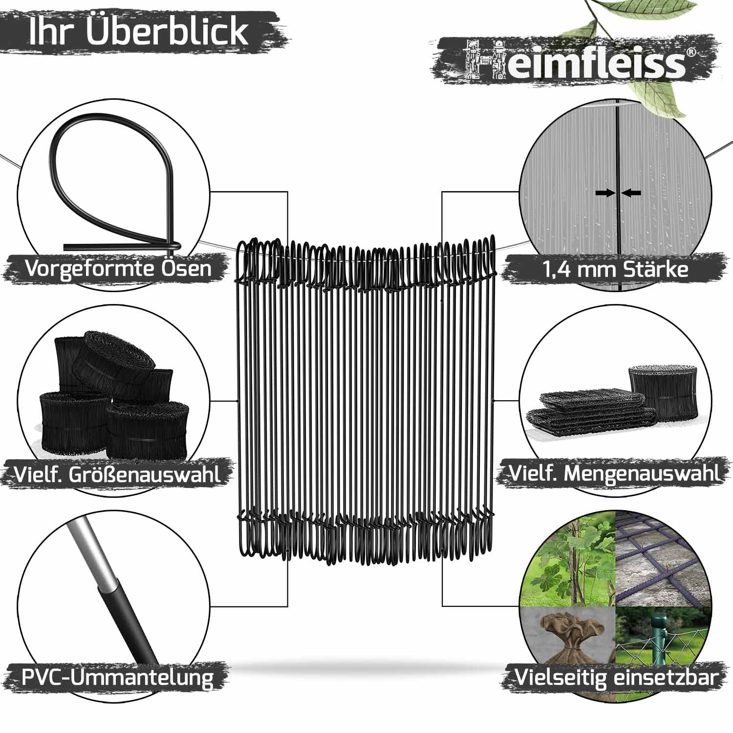 Heimfleiss® Rödeldraht Betonbindedraht 1,4 mm PVC schwarz (1000 Stk) | Für Moniereisen, Bewehrung & Garten | rostfreier Drilldraht mit PVC-Mantel | vorgeformte Ösen für Drillapparat & Rödelzange