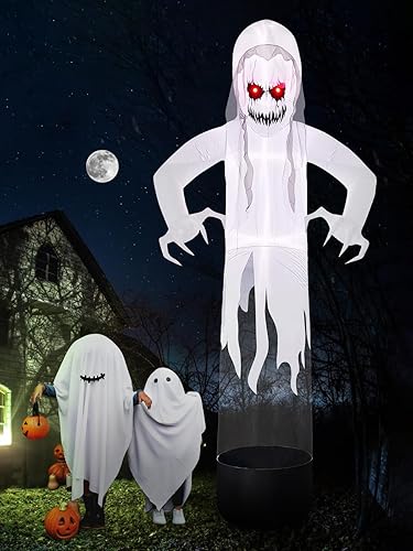 Miniatura 5 de Kalolary Decoración inflable grande de Halloween de 12 pies, fantasma blanco levitante, fantasma animado de ojos rojos con LED integrados, inflable
