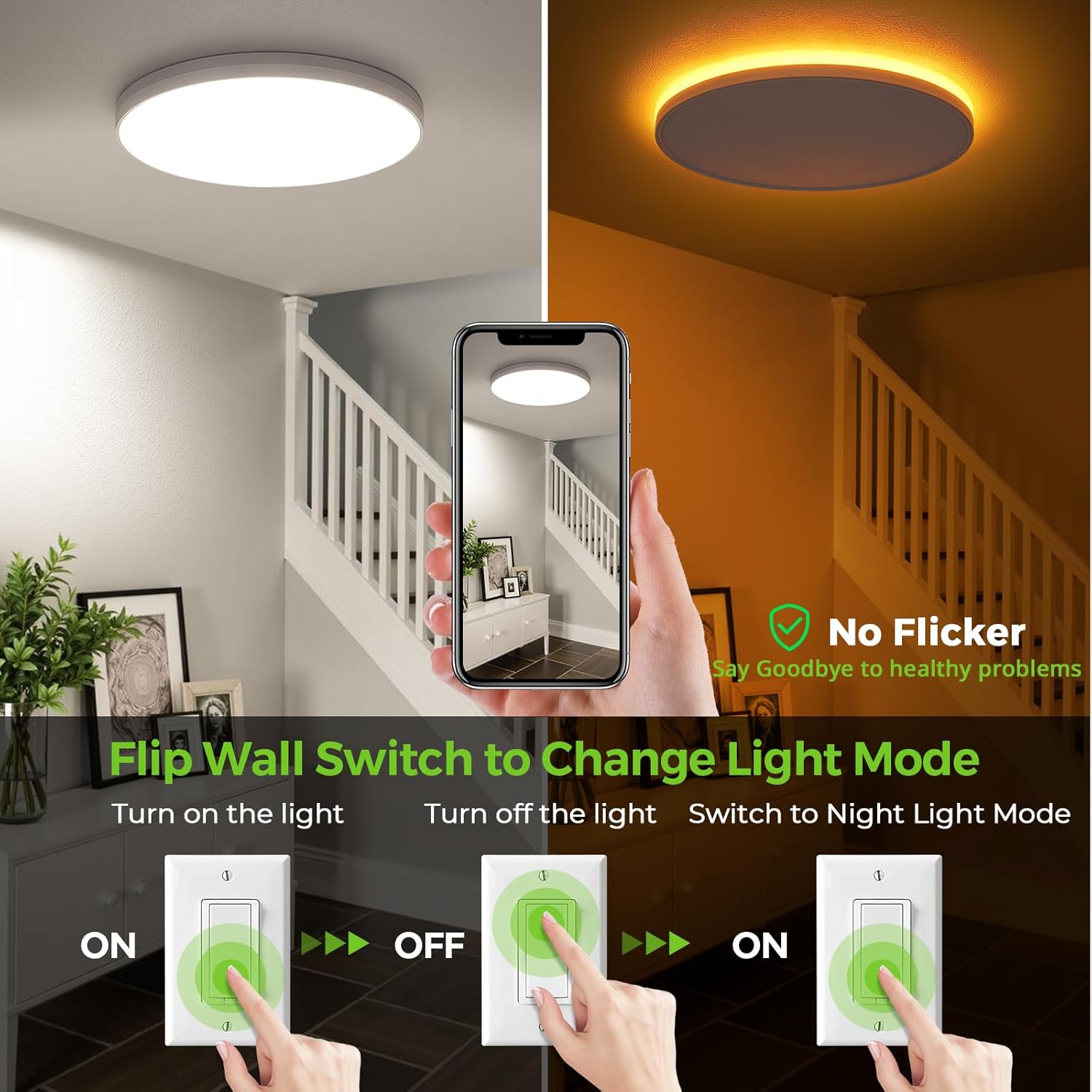 Diagram showing how to use a wall switch to toggle between the main light and night light modes: ON for main light, OFF then ON for night light.