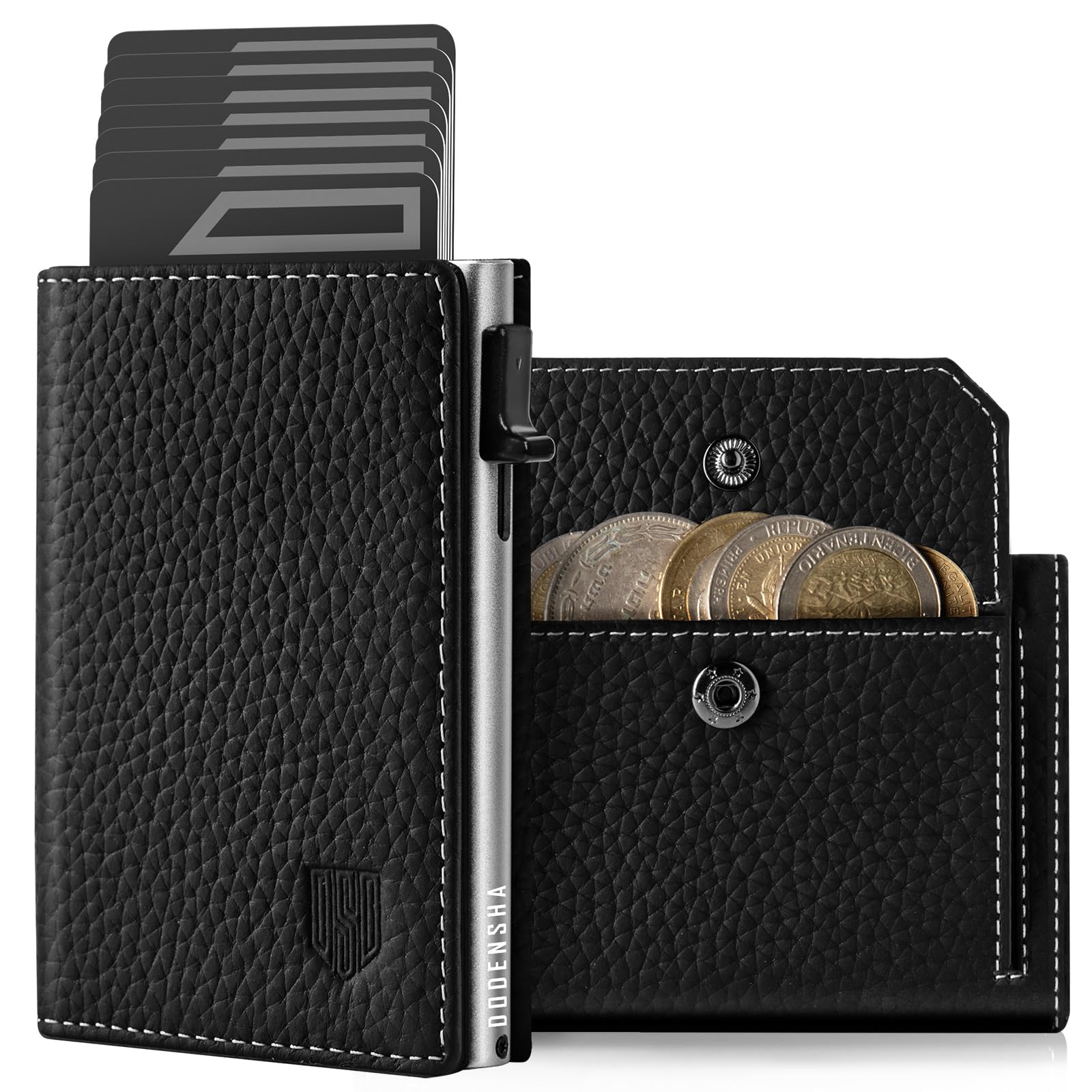 DODENSHA MagSnap Pebble Geldbörse Herren I Slim Wallet mit XL Münzfach I Kreditkartenetui Geldbeutel für 10+ Karten I Wallets for Men I Portmonee Herren I RFID Schutz I Schwarz Silber