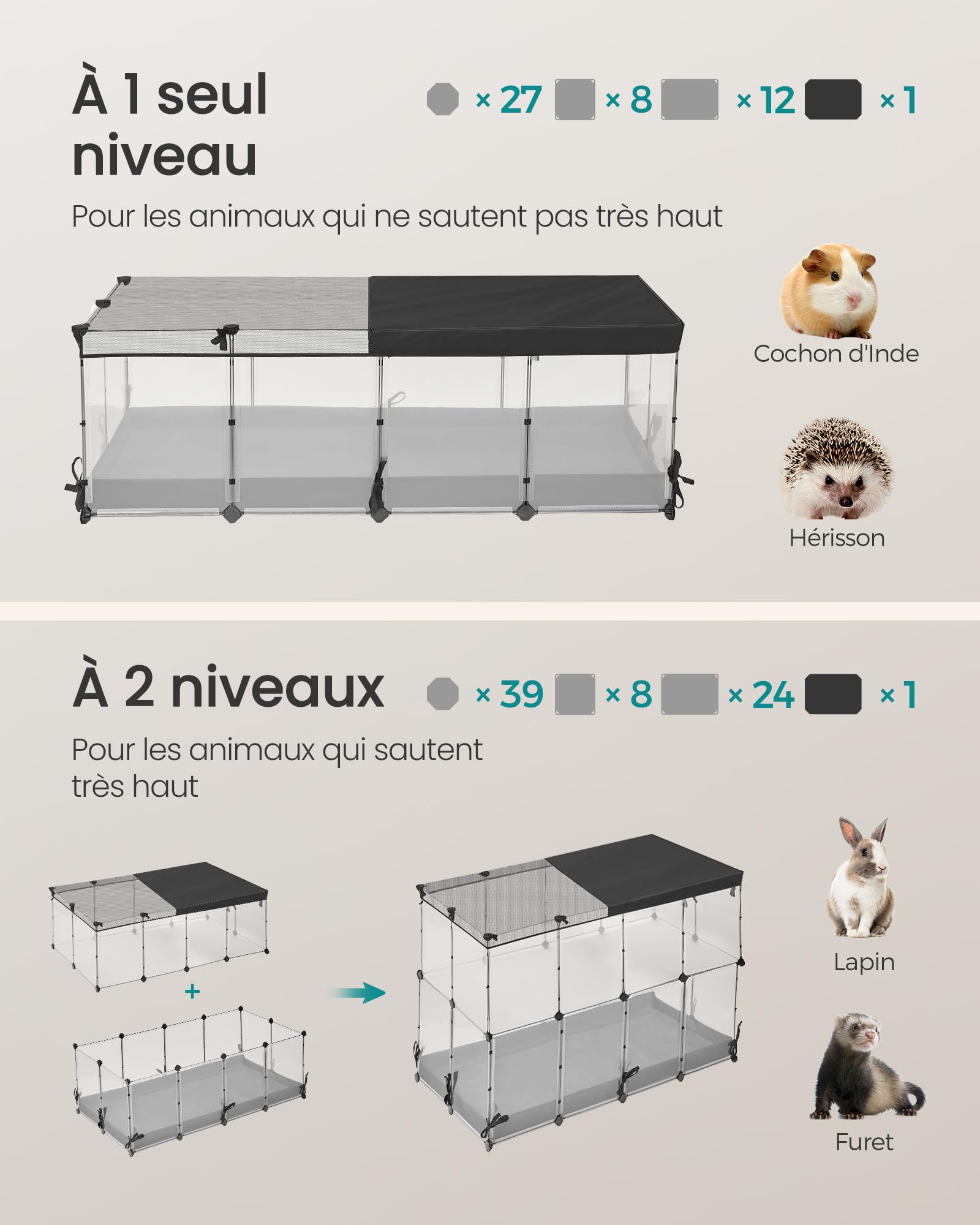 SONGMICS Enclos pour Petits Animaux 144x74x47 cm Blanc Nuage LPC015W01