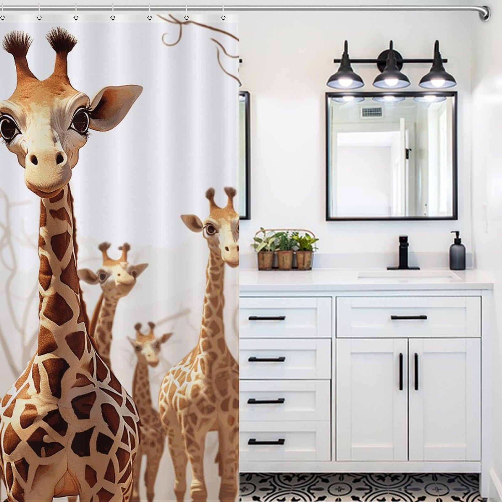 Rideau de douche imperméable à crochets pour éliminer l'eau au sol style girafe