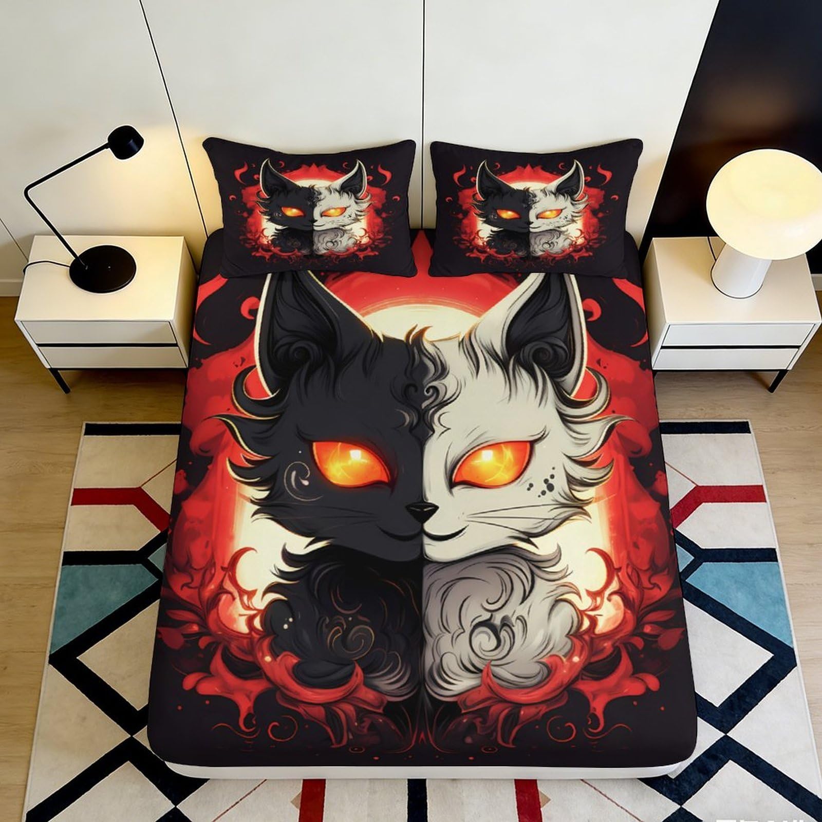 3D Printed Dual Tone Cat Face Fitted Sheet Microfiber Soft Breathable Fiery Eyes Bed Cover for Bedroom Dormitory Guest Room Mattress Protection 200x200x25cm