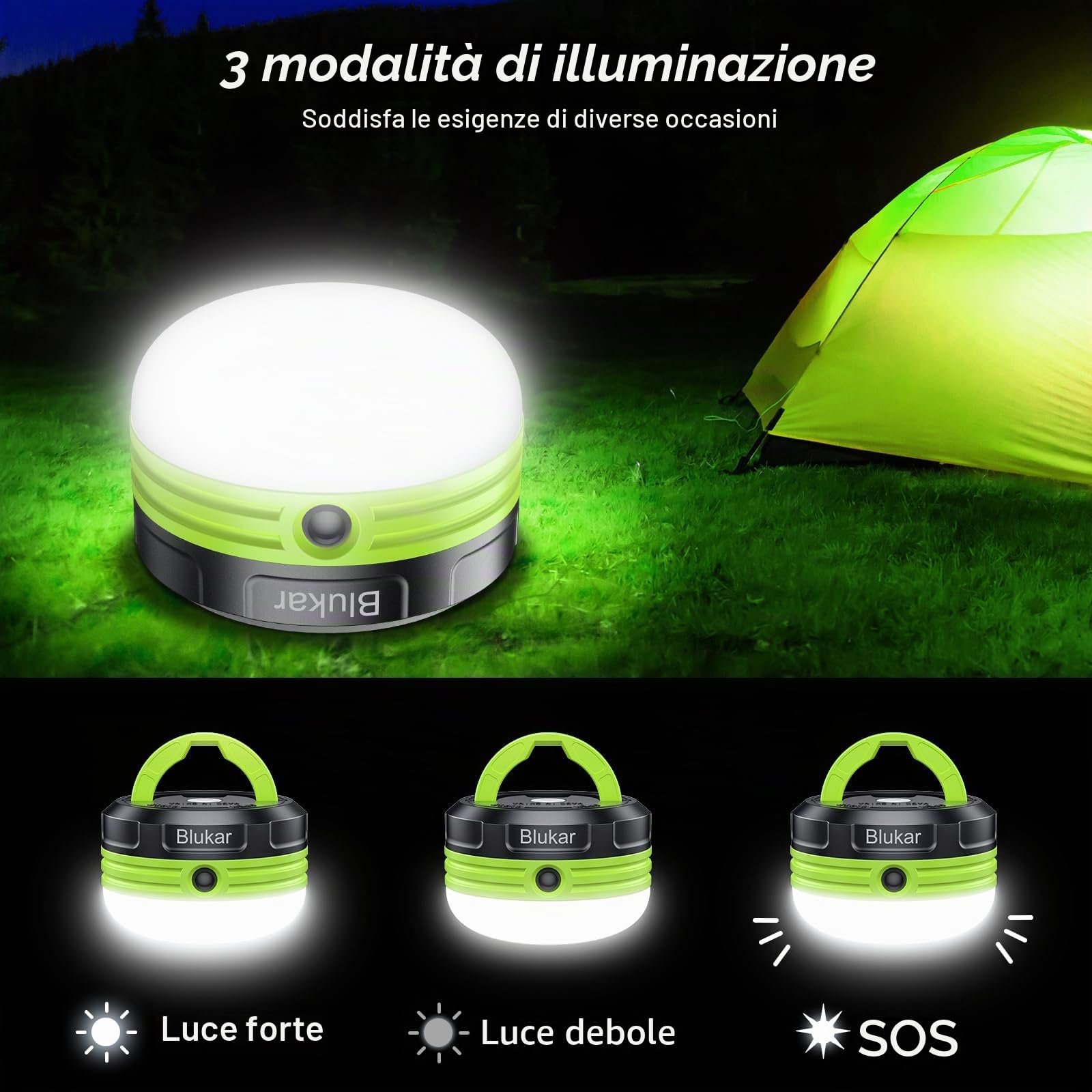 Blukar Lampada Campeggio, LED Luce Campeggio Portatile, 3 Modalità & Base Magnetica, Lampada per Tende Sospesa per All'aperto/Pesca/Emergenza/Interruzione di Corrente