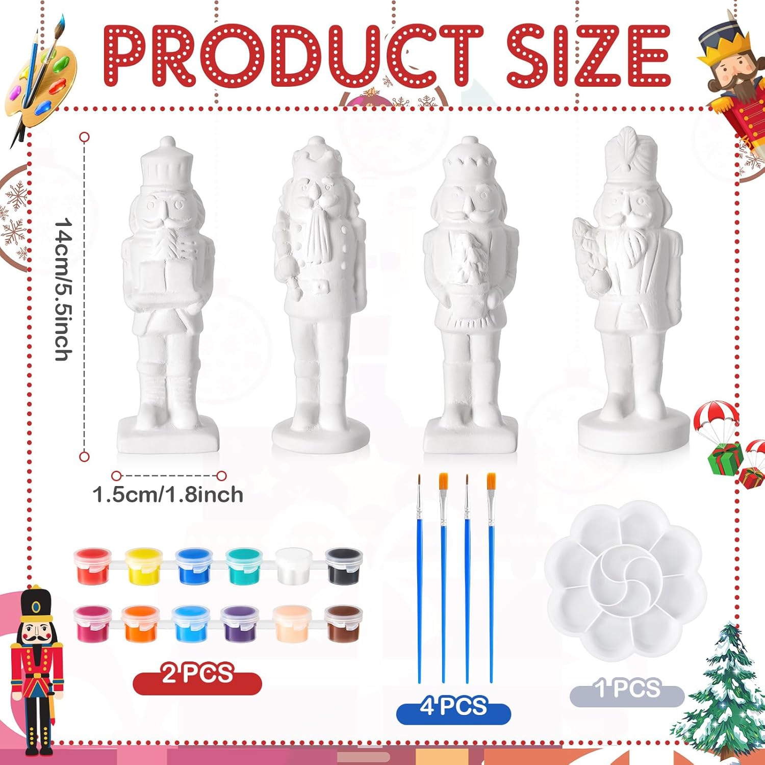 Watersay 8 Set Christmas Ceramic Nutcrackers to Paint Unpainted Figurines Craft Kit Include 8 Nutcracker Ceramic Blank DIY Puppet Soldier with Paints Brushes Palette for Xmas Keepsake Decoration