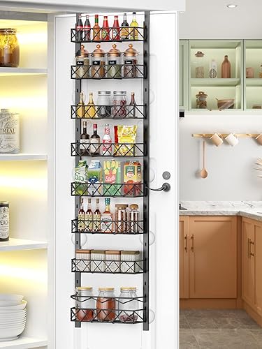 Organizador de despensa sobre la puerta, organizador de puerta de despensa de 8 niveles con cesta ajustable, estante de metal para especias para