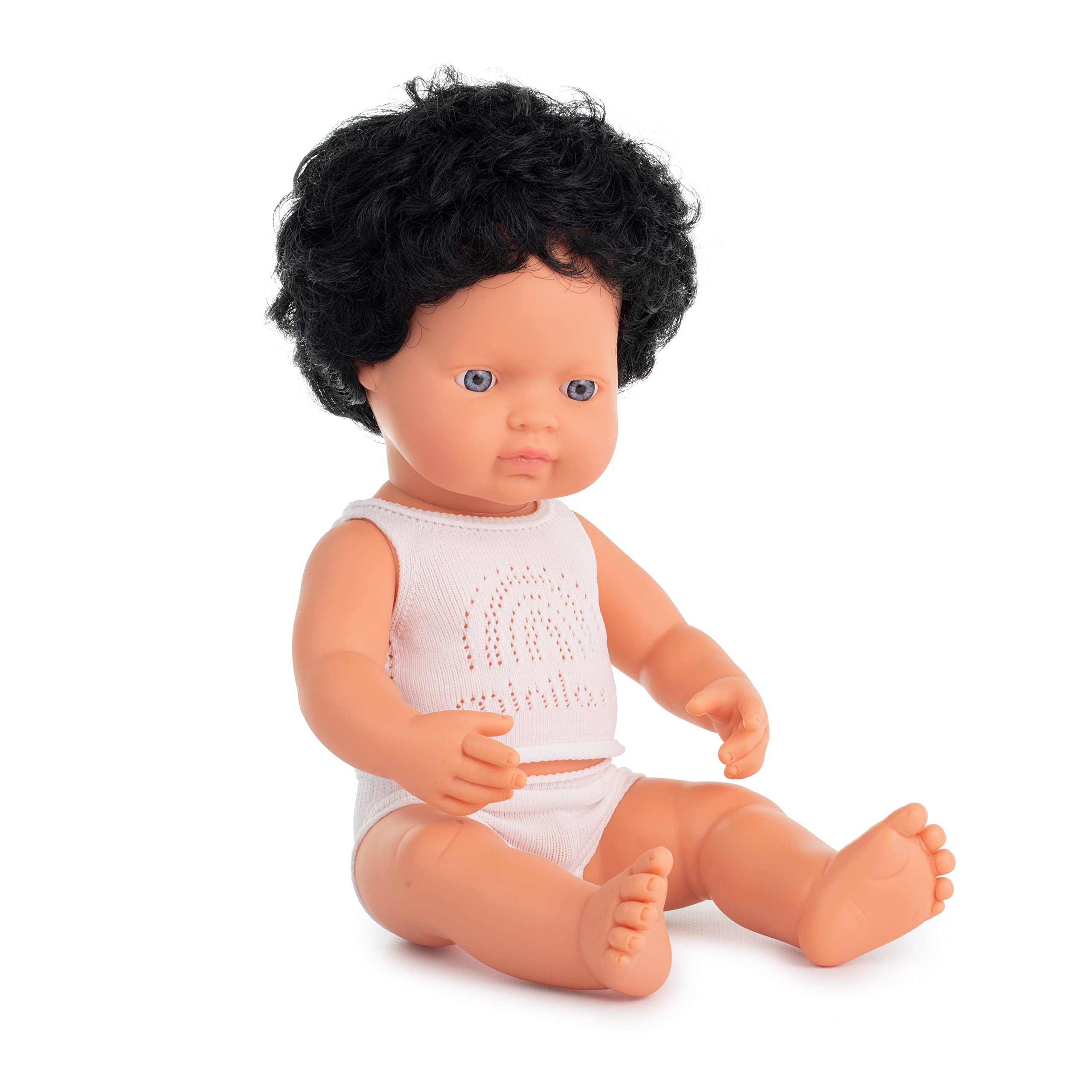 Miniland Doll 15'' Caucasian Curly Black Hair Boy (Box) - Made in Spain, Anatomically Correct, Quality, Inclusion