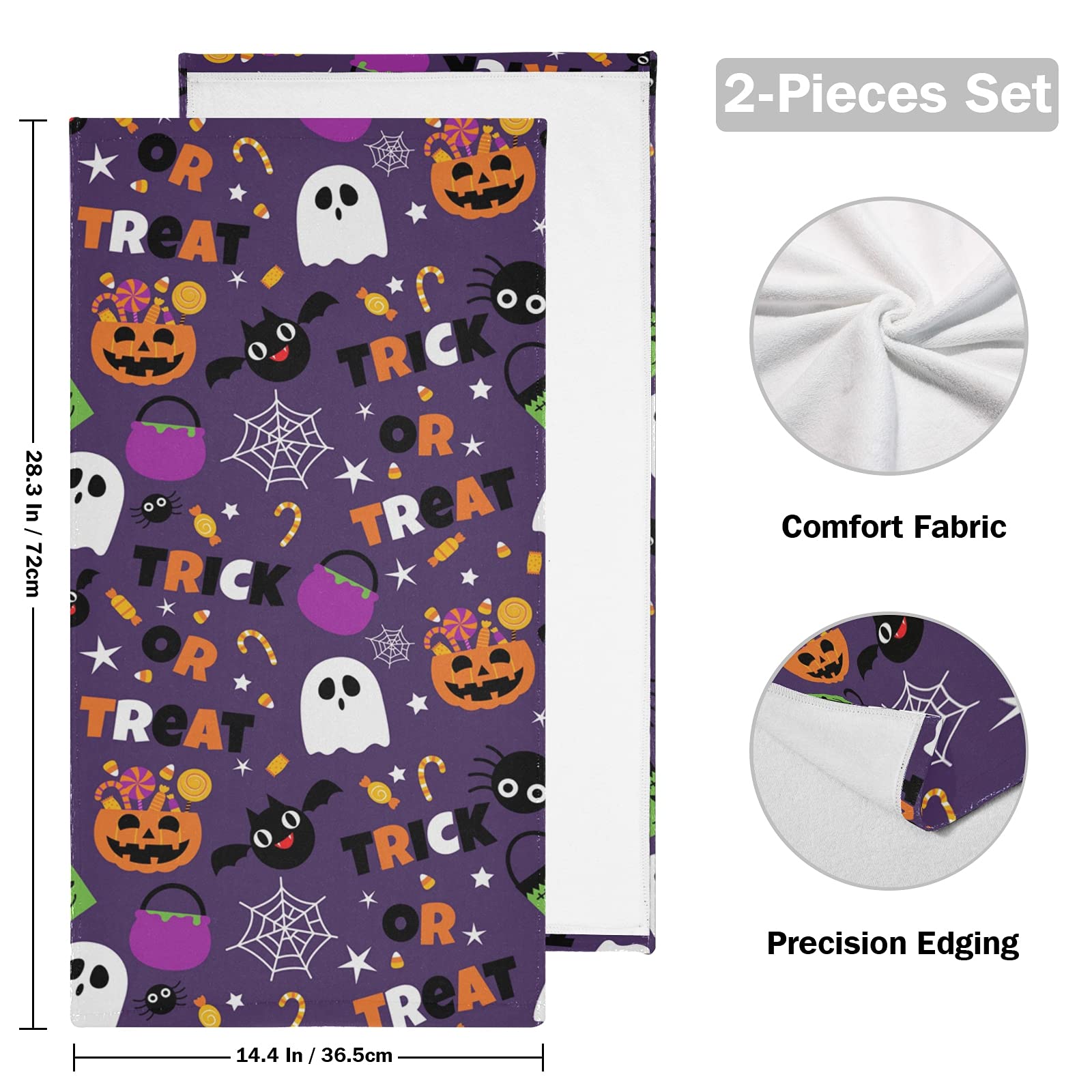 Happy Halloween Purple Pumpkin Fall Hand Bath Towel Highly Absorbent Soft Hanging Towels Trick or Treat Spooky Ghost Kitchen Dish Towel Set Washcloth 2pcs